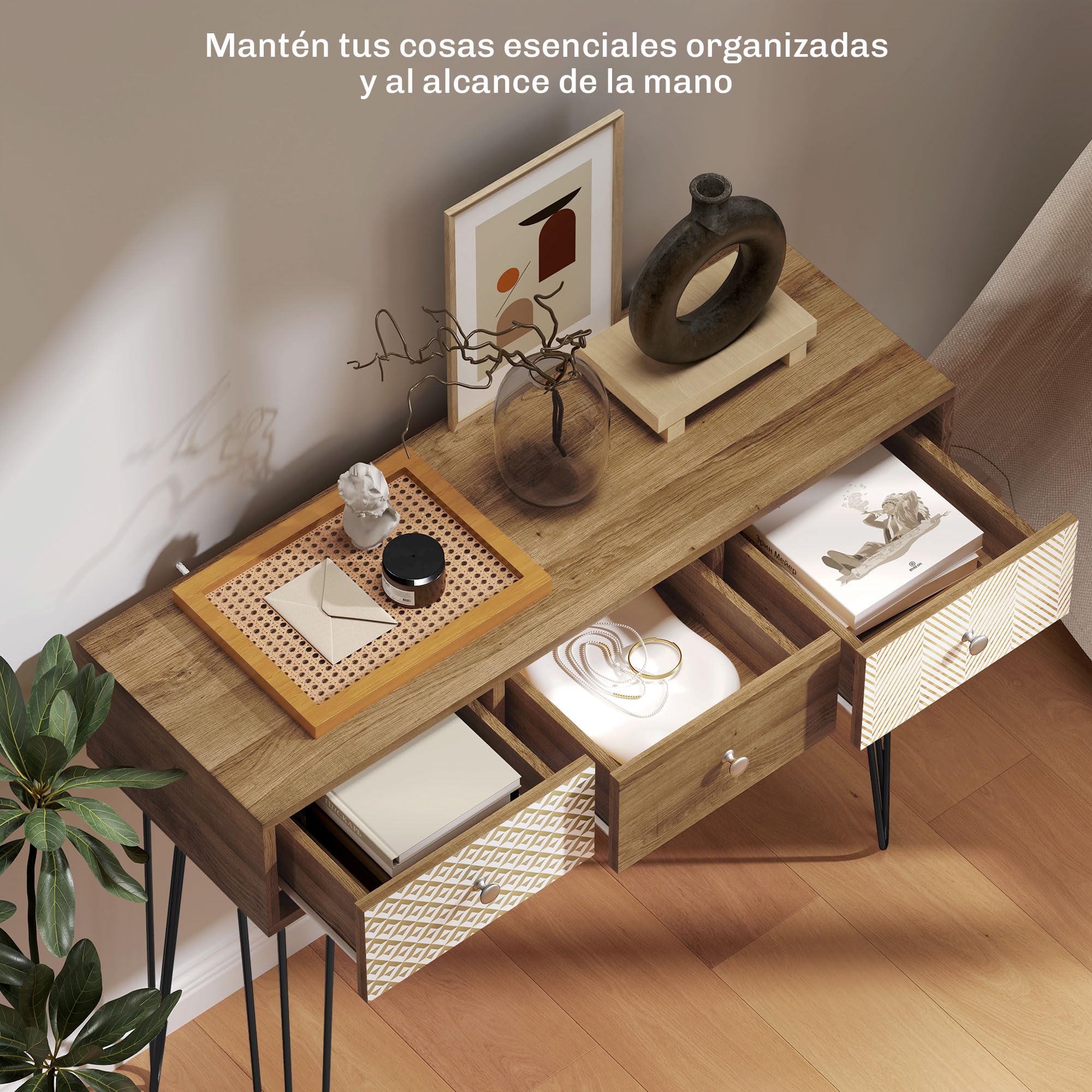 HOMCOM Mesa de Consola, Mesa de Sofá con 3 Cajones Estrecha, Natural