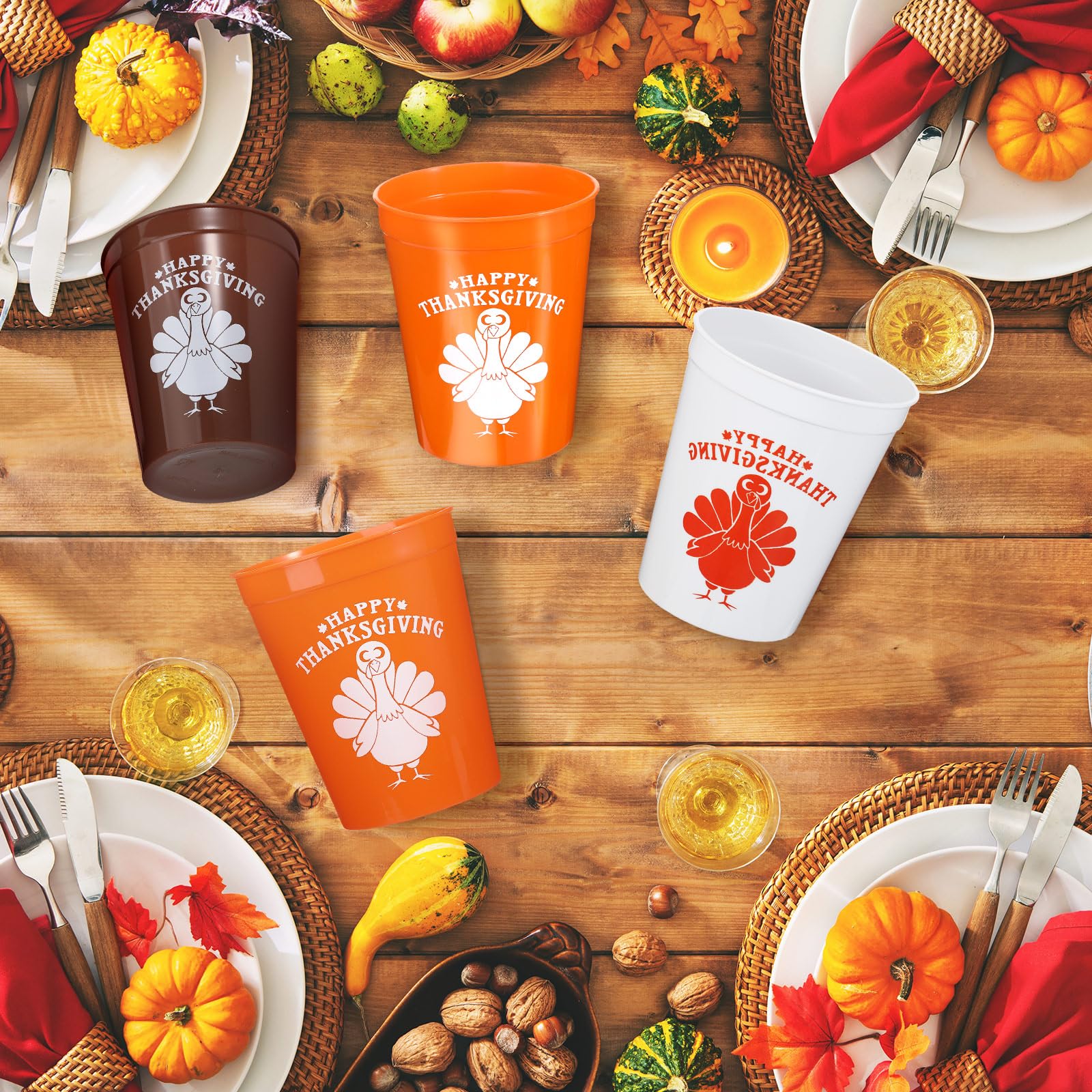 Tioncy 60 Stück Thanksgiving-Partybecher, orange-weiß, Kaffee, Truthahn, Kunststoff, wiederverwendbar, 340 ml, Becher für Thanksgiving, Abendessen, Geburtstag, Party, Zubehör, Trinkgeschirr, Bier,