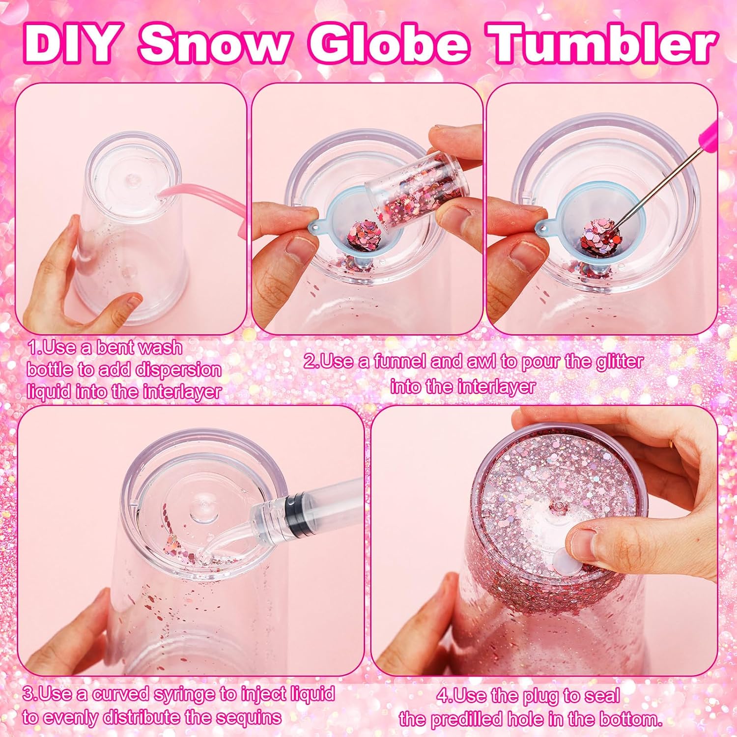 Teenyyou 9 Pcs Snow Globe Tumbler Supplies Plastic Snow Globe Cup with Squeeze Bottle Small Funnel Bent Syringe for Glitter Making DIY Craft Gift(24 oz)