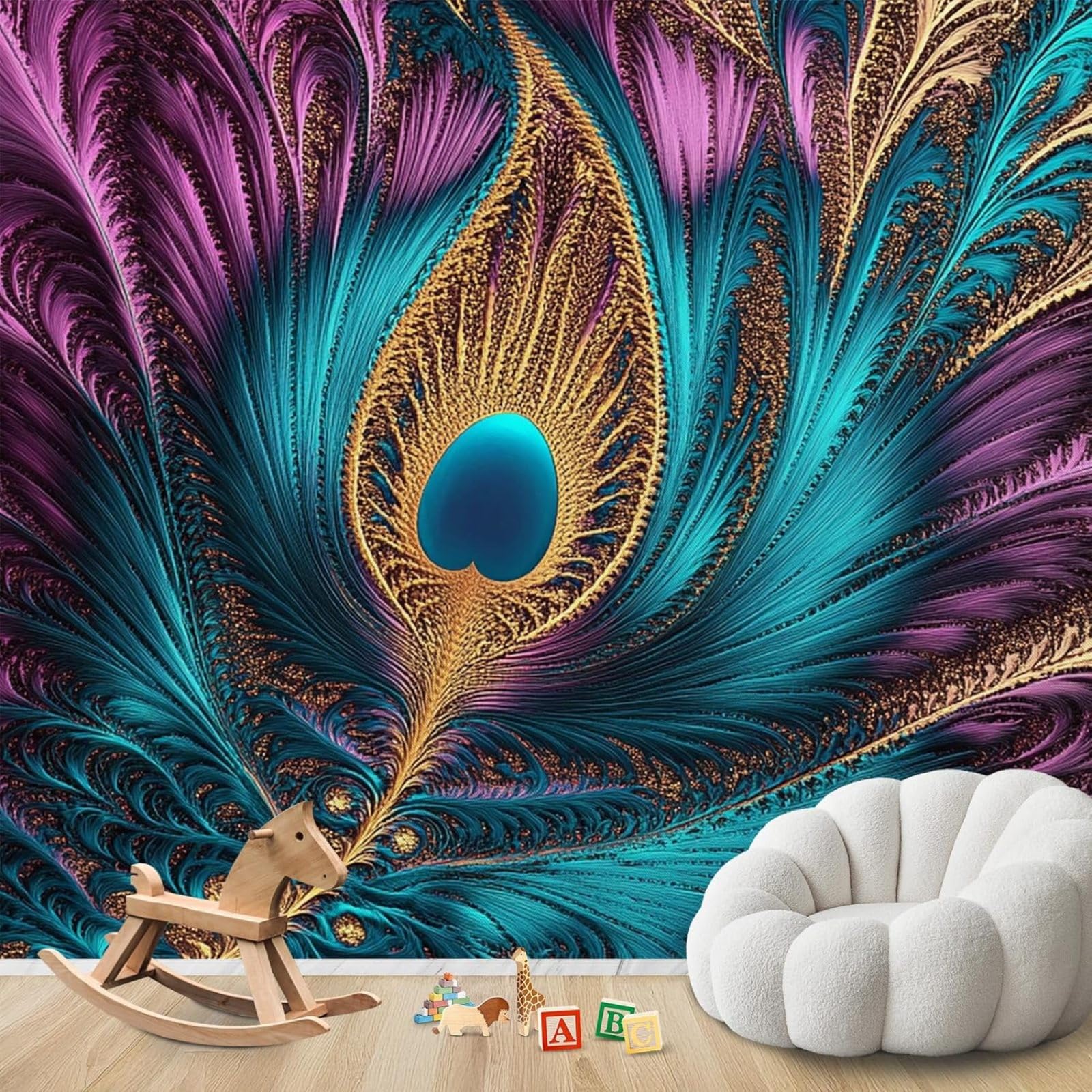hgjdjhnf Photo Wallpaper Peacock Feather Purple Turquoise Wallpaper Non-Woven Wallpaper ModernWallpaper Living Room Bedroom Children's RoomDecoration Motif Wallpaper,200cmx140cmSticker - Back