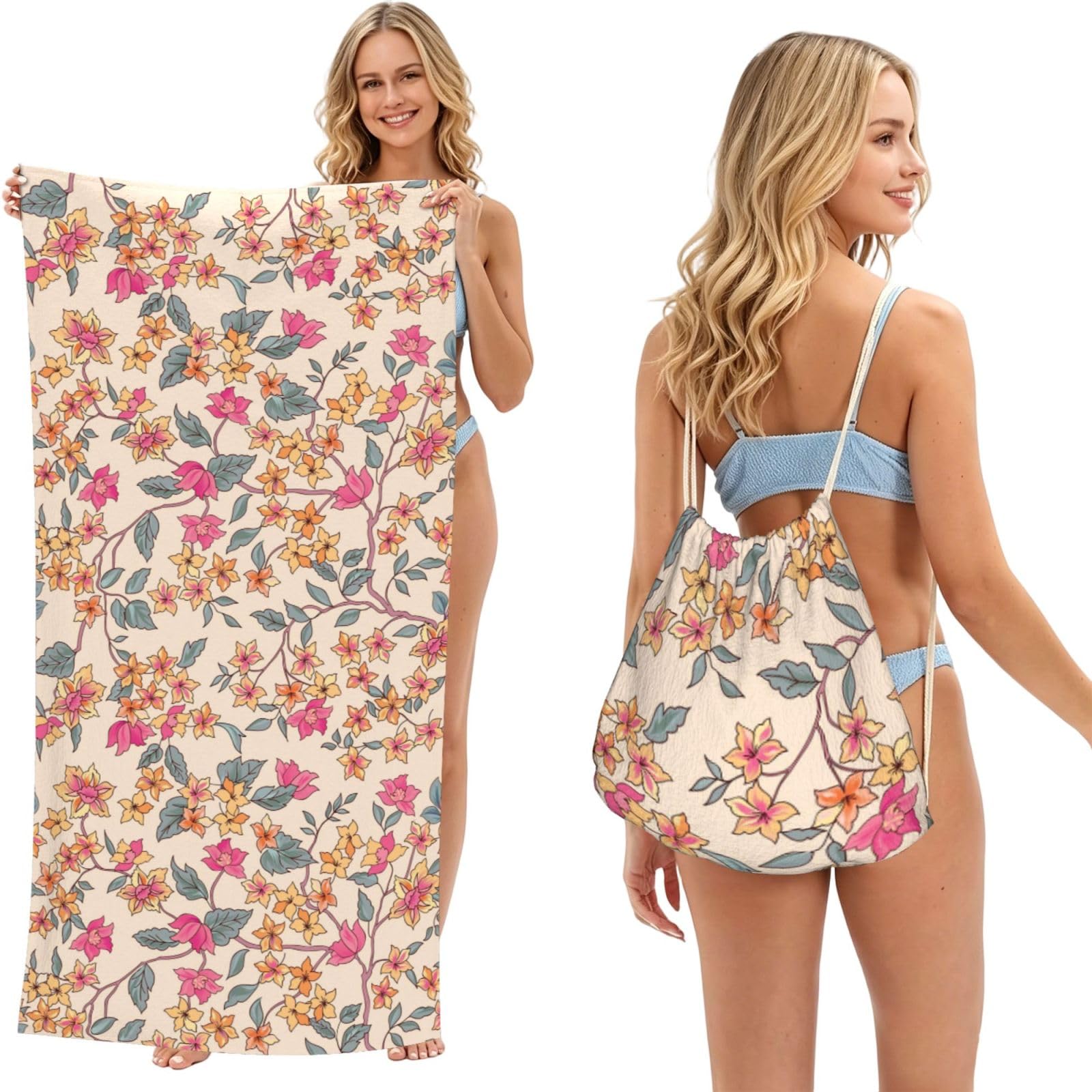 Poadnly As Picture Floral Flower Background, 2 In 1 Packable Towel Bag, Beach Towels With Drawstring Backpack For Travel Holiday Camping