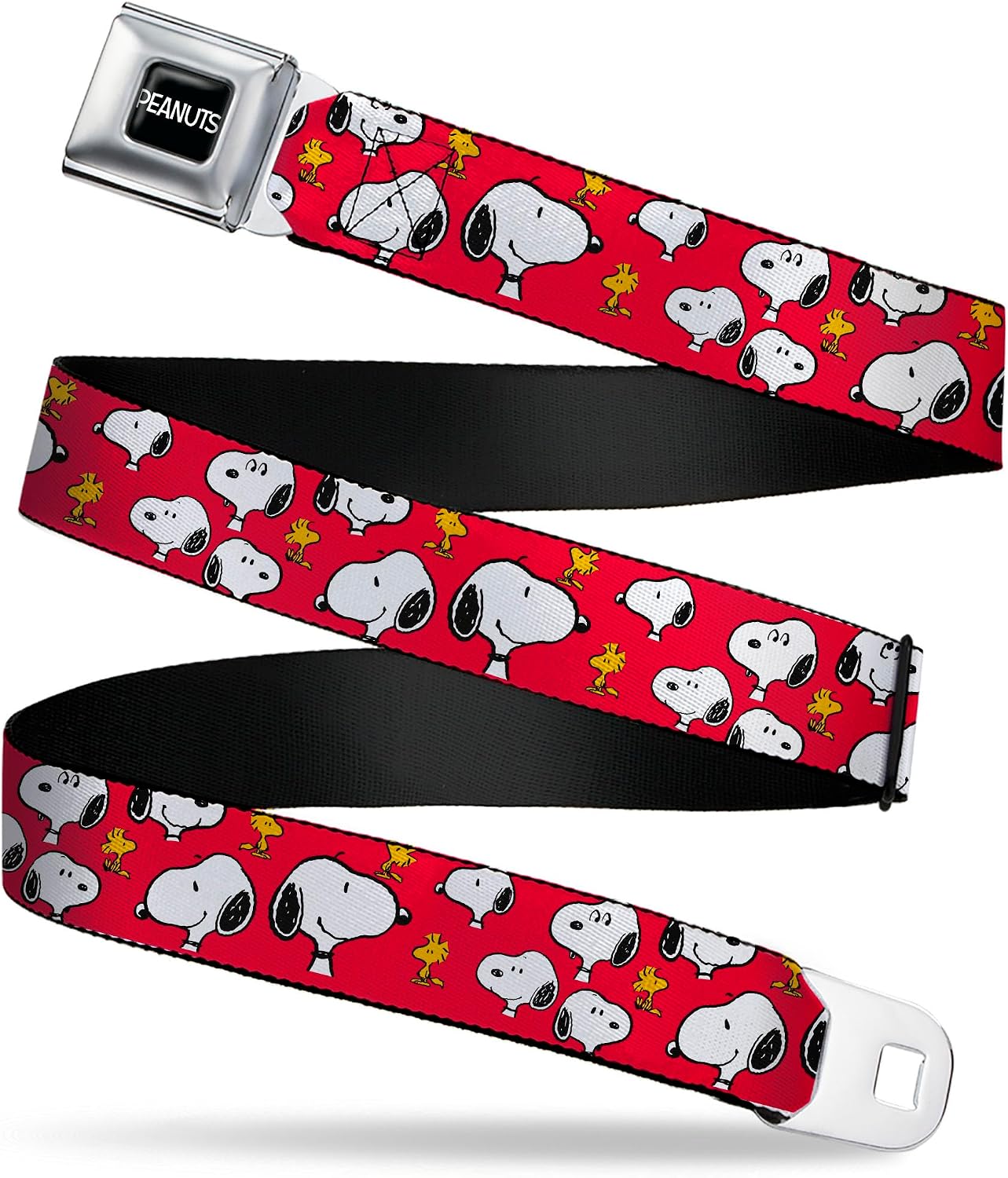 Peanuts Worldwide LLC Belt, Seatbelt Buckle Belt, Peanuts Snoopy and Woodstock Poses Scattered Red, Adjustable
