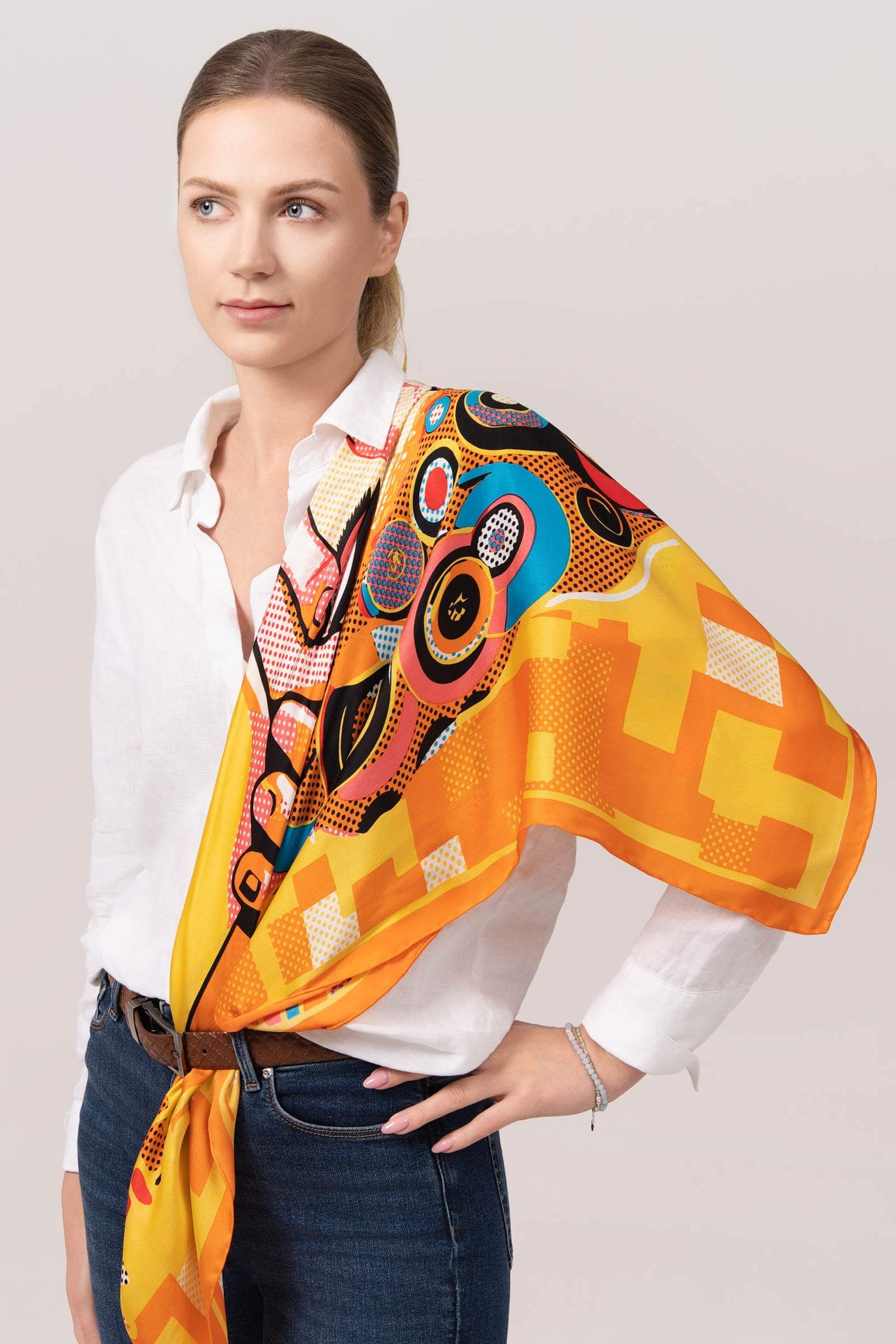 Pañuelo de seda natural grande 100 x 100 cm – Seda para mujer estampada en serigrafía – Cuadrado Seda Roulottage Manual – Seda Satén – Embalaje ordenado