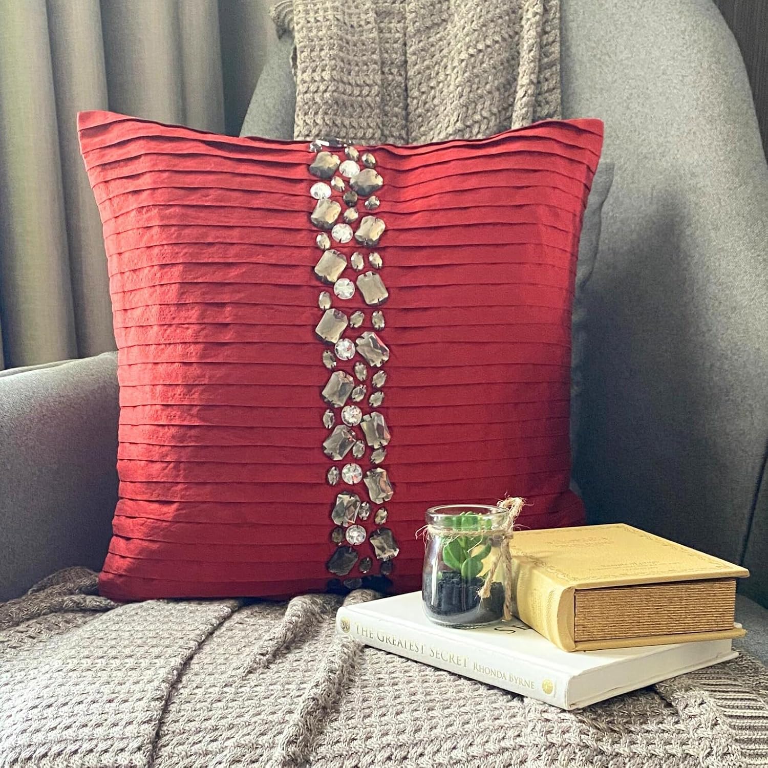 The HomeCentric Pillow Sham Euro, Red Euro Size Pillow Covers 26x26 inch (65x65 cm) Silk Euro Sham Covers, Striped, Pintucks, Textured, Striped, Crystals, Modern European Shams - Deep Red Crystals