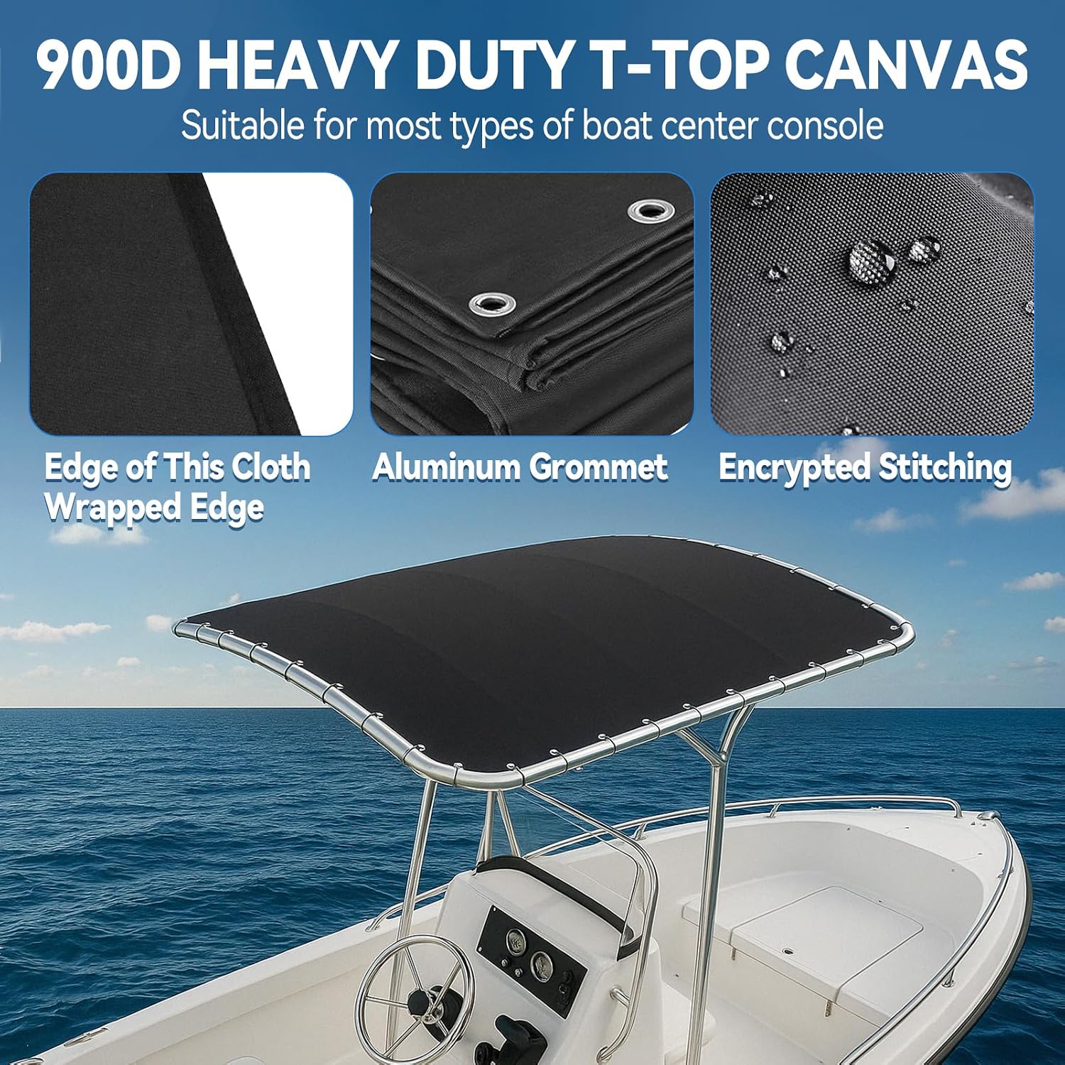 T-Top Canvas, 900D Boat T Top Canvas Replacement 82" x 58" Heavy Duty Waterproof Boats Shade Cover with Storage Bag for Center Console Boat, Canva Only, Black