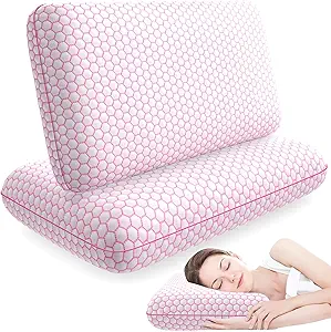 Memory Foam Pillows for Side, Back and Stomach Sleepers, Set of 2, Bed Pillow with Washable Cover and Breathable Mesh, Bed Pillow for Sleeping (Pink,Standard Size)