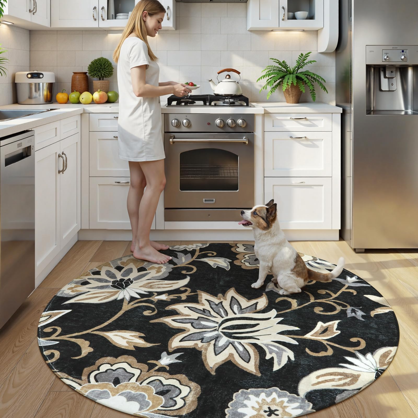Amazon.com: Lahome Floral Black Round Area Rug - 5Ft Washable
