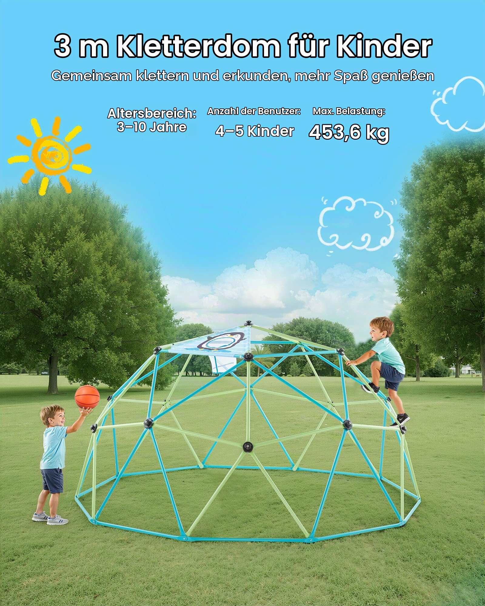VEVOR Kletterkuppel geometrisches Klettergerüst (305 cm breit) mit Handschuhen & 2 Basketbällen, 453 kg belastbares Klettergerüst, Klettergerät für Kinder von 3 bis 10 Jahren Gartenspielzeug