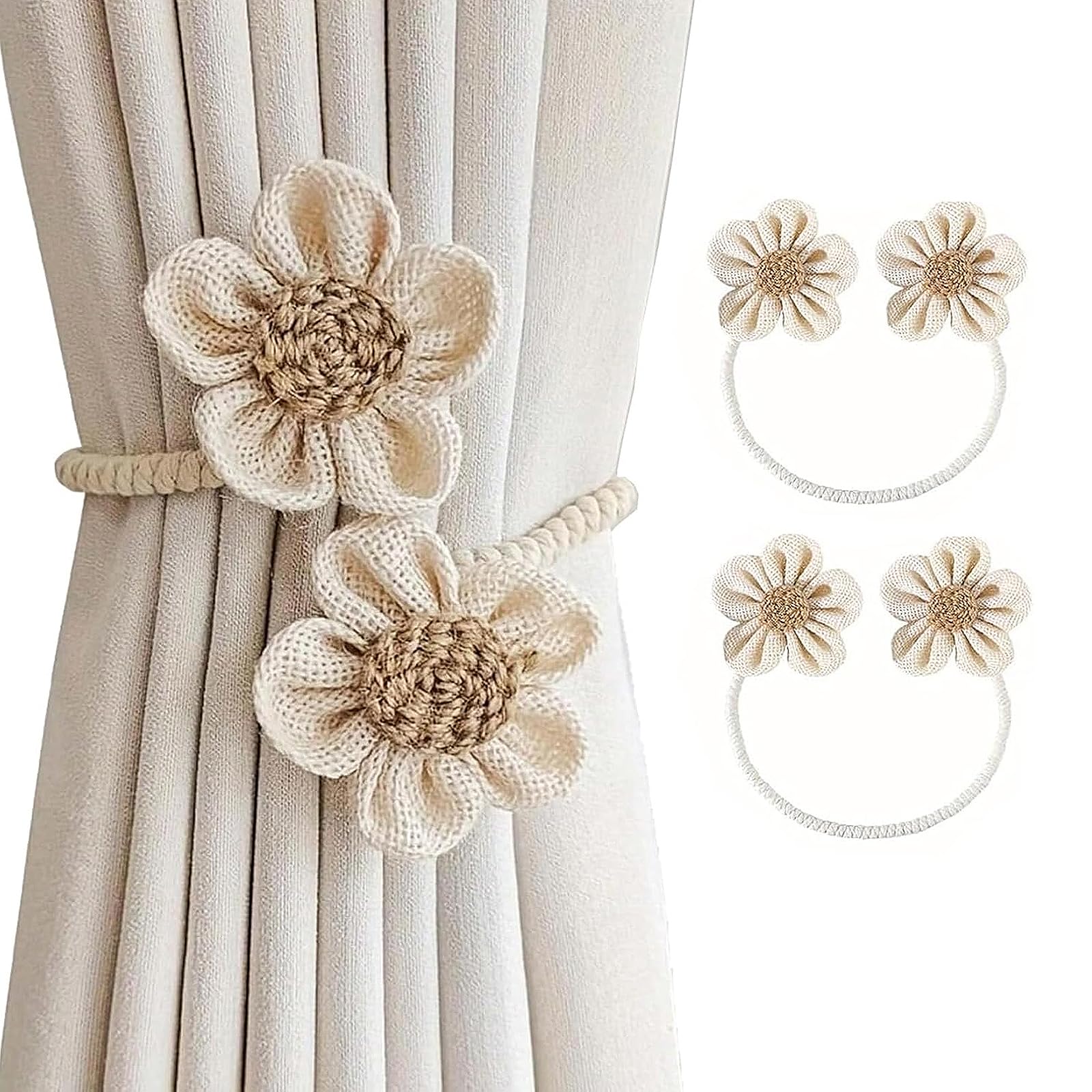 Embrasses de Rideaux Fabriqués à la Main Fleurs Bohème Beige No Drill pour Décoration Maison Bureau