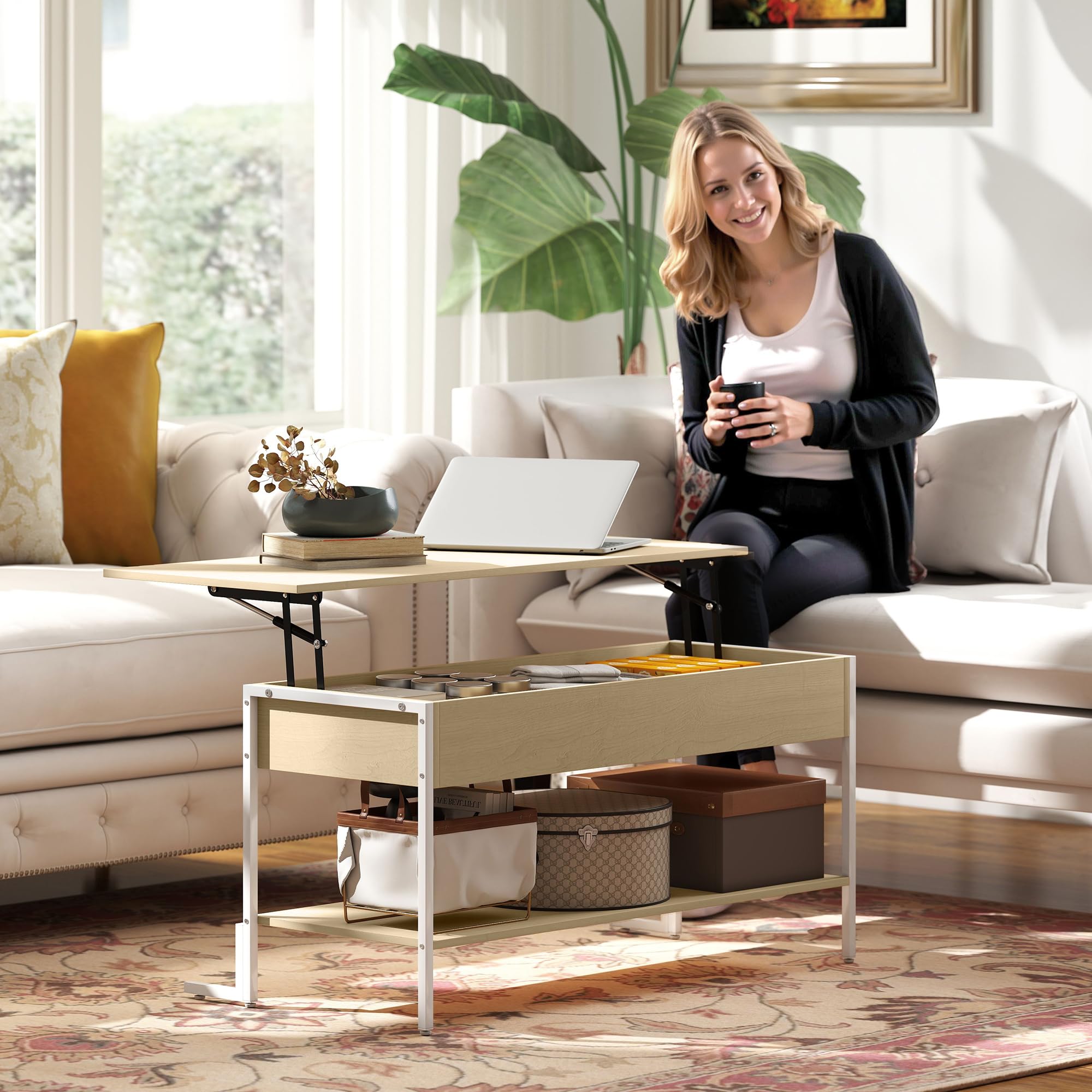 HOMCOM Mesa de Centro Elevable Cierre Suave 95x40x59 cm Natural y Blanco | Mesa de Café, Espacio Oculto de Almacenaje, Estante Abierto