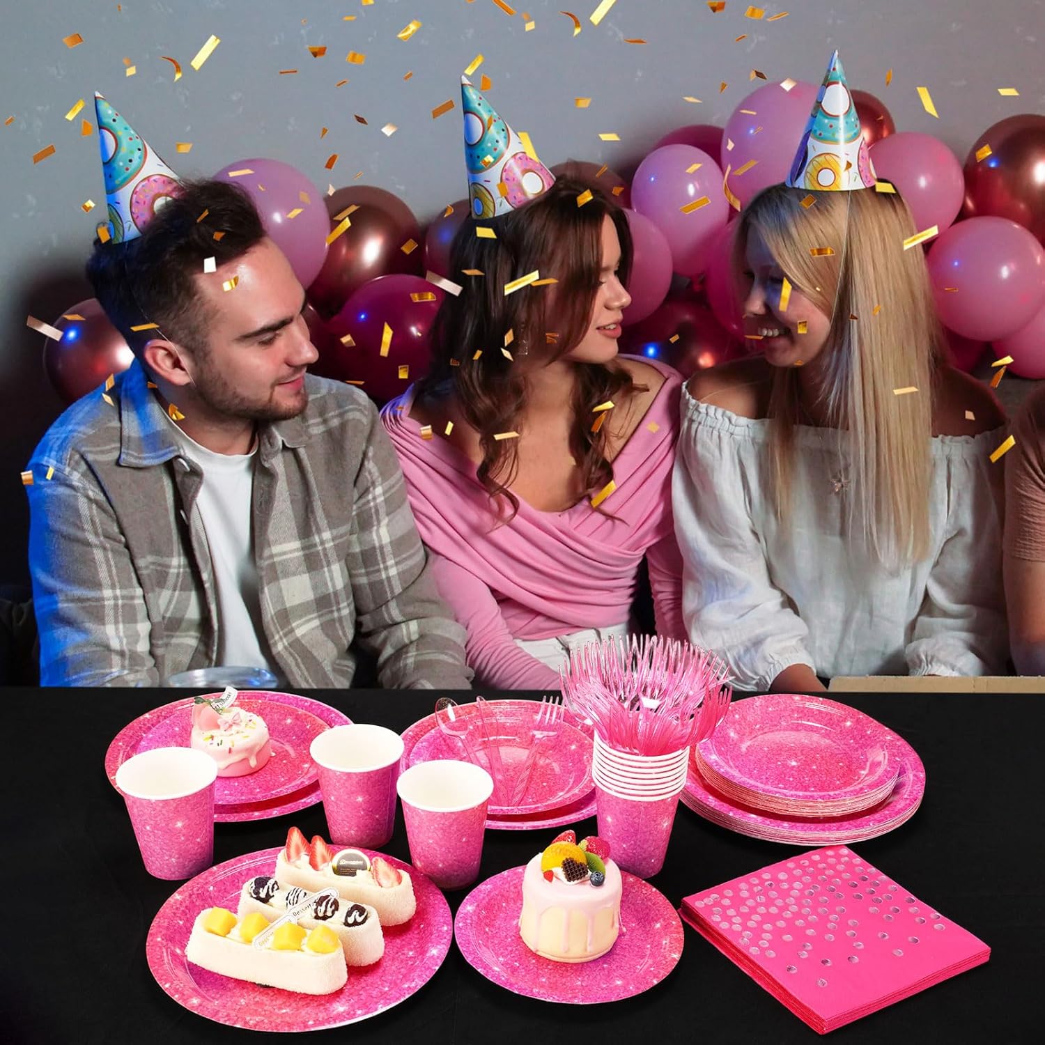 Hushee 350 Pcs Hot Pink Holographic Print Party Supplies Guests Disposable Dinnerware Set Include Paper Plates, Napkins, Cups, Plastic Cutlery for Wedding Birthday Disco Bachelorette