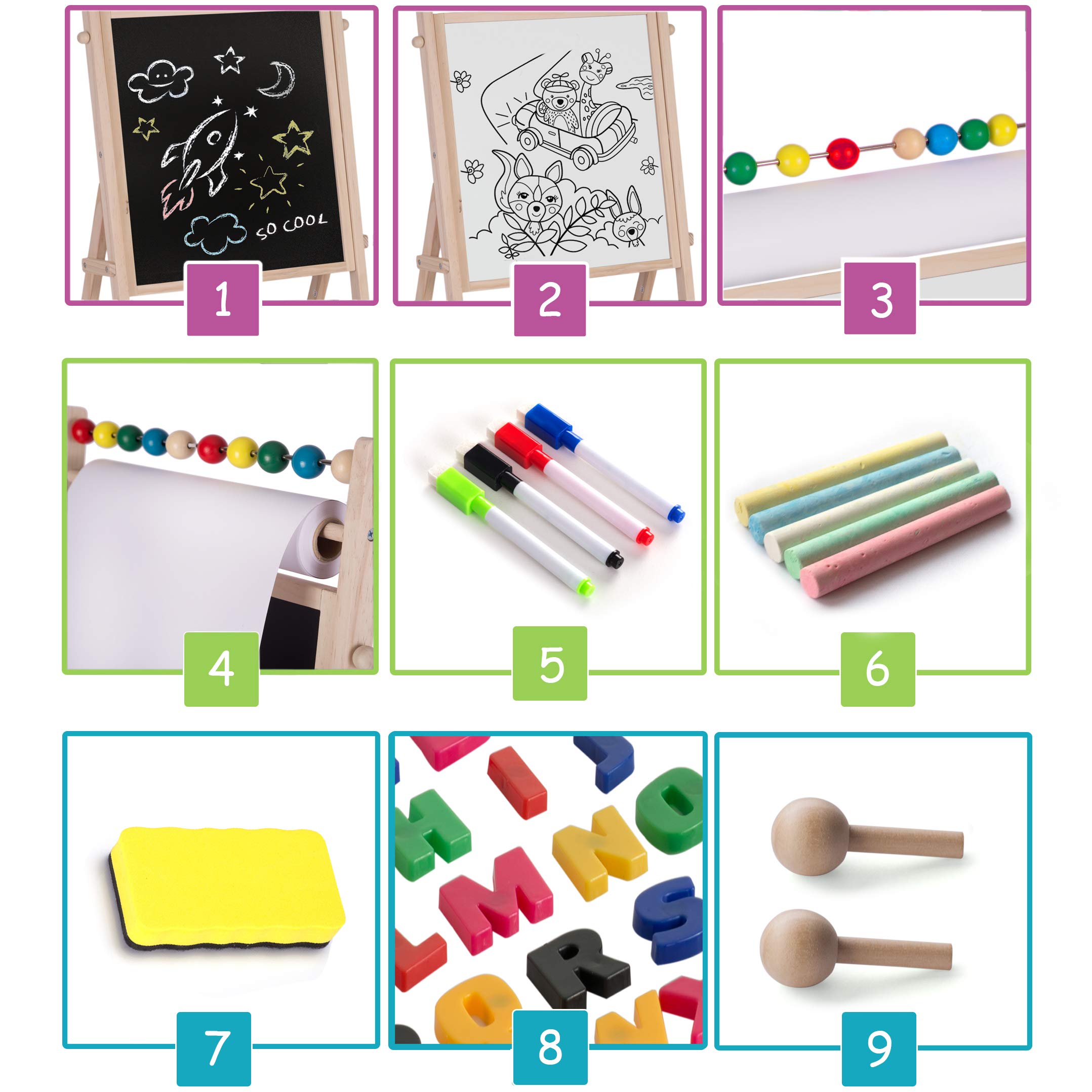 Ricokids Magnetyczna tablica kredowa dwustronna tablica kredowa dla dzieci z akcesoriami rolka papieru liczydło obrotowe