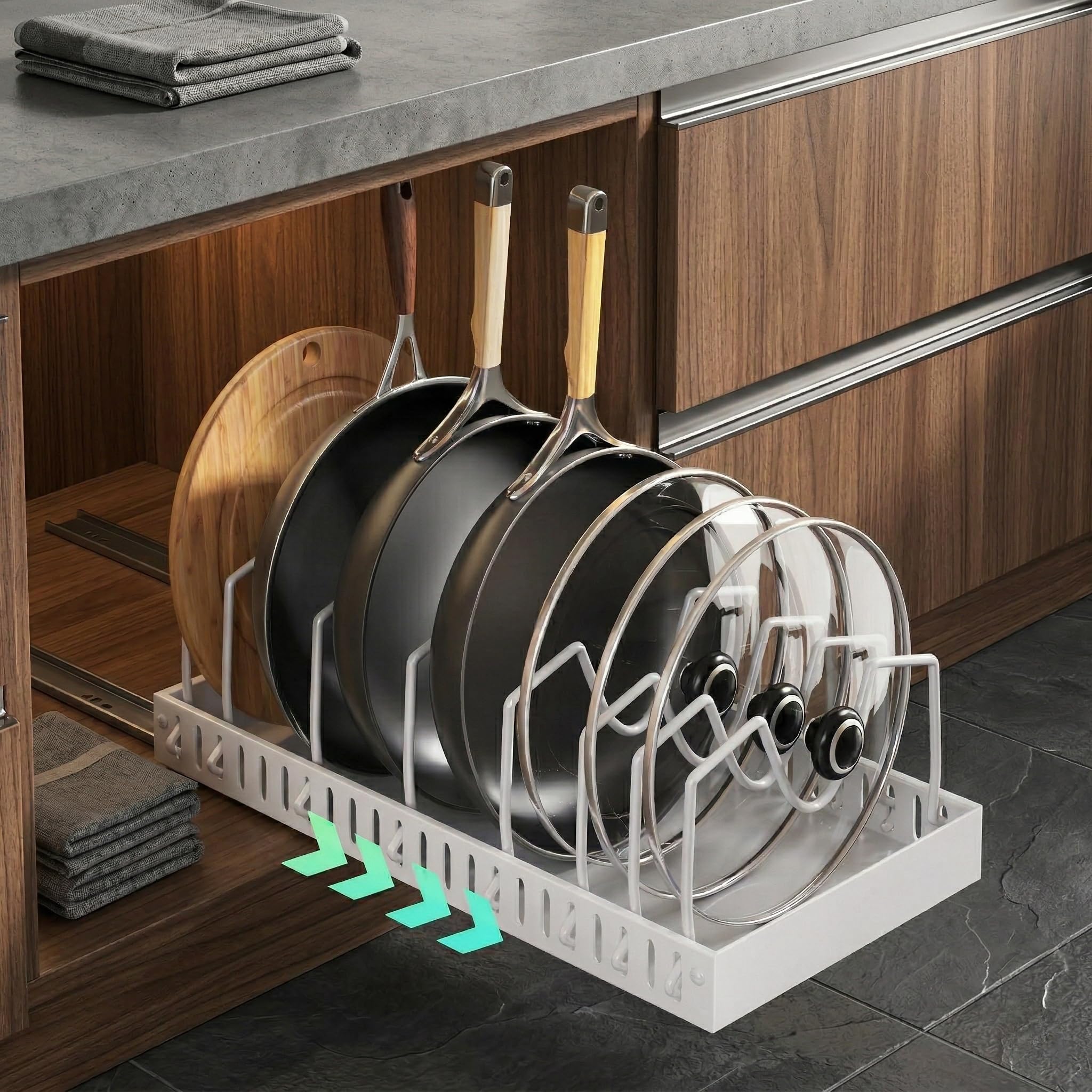 1 pezzi Porta Coperchi Pentole Scorrevole, porta coperchi pentole salvaspazio, Organizer Padelle con 8 Scomparti Regolabili per Padelle, Coperchi Organizer Cucina, Bianco