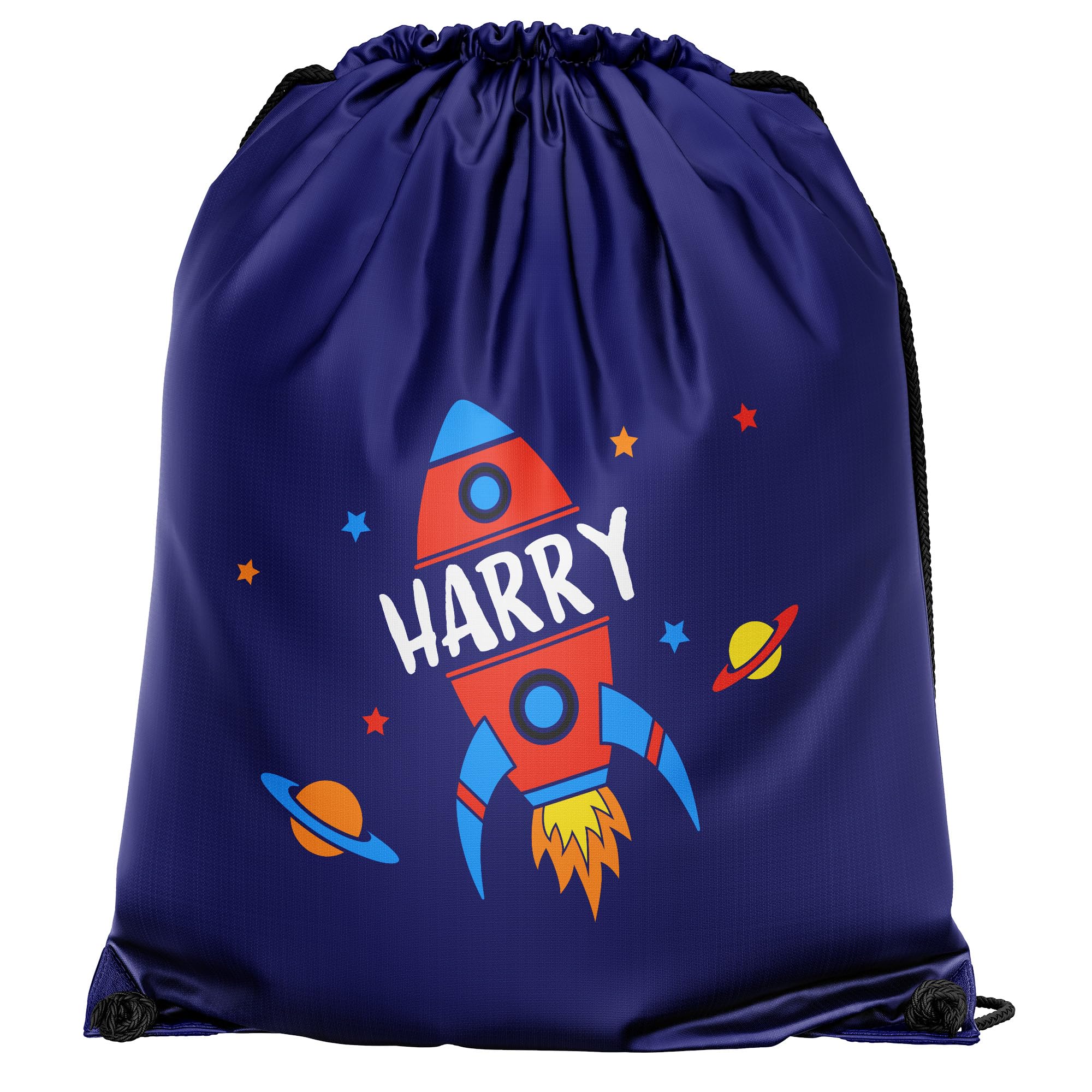 Personalised Rocket Ship Drawstring Bag for Kids Outer Space Back to School PE Sports Bag Boys Girls, One Size, Navy