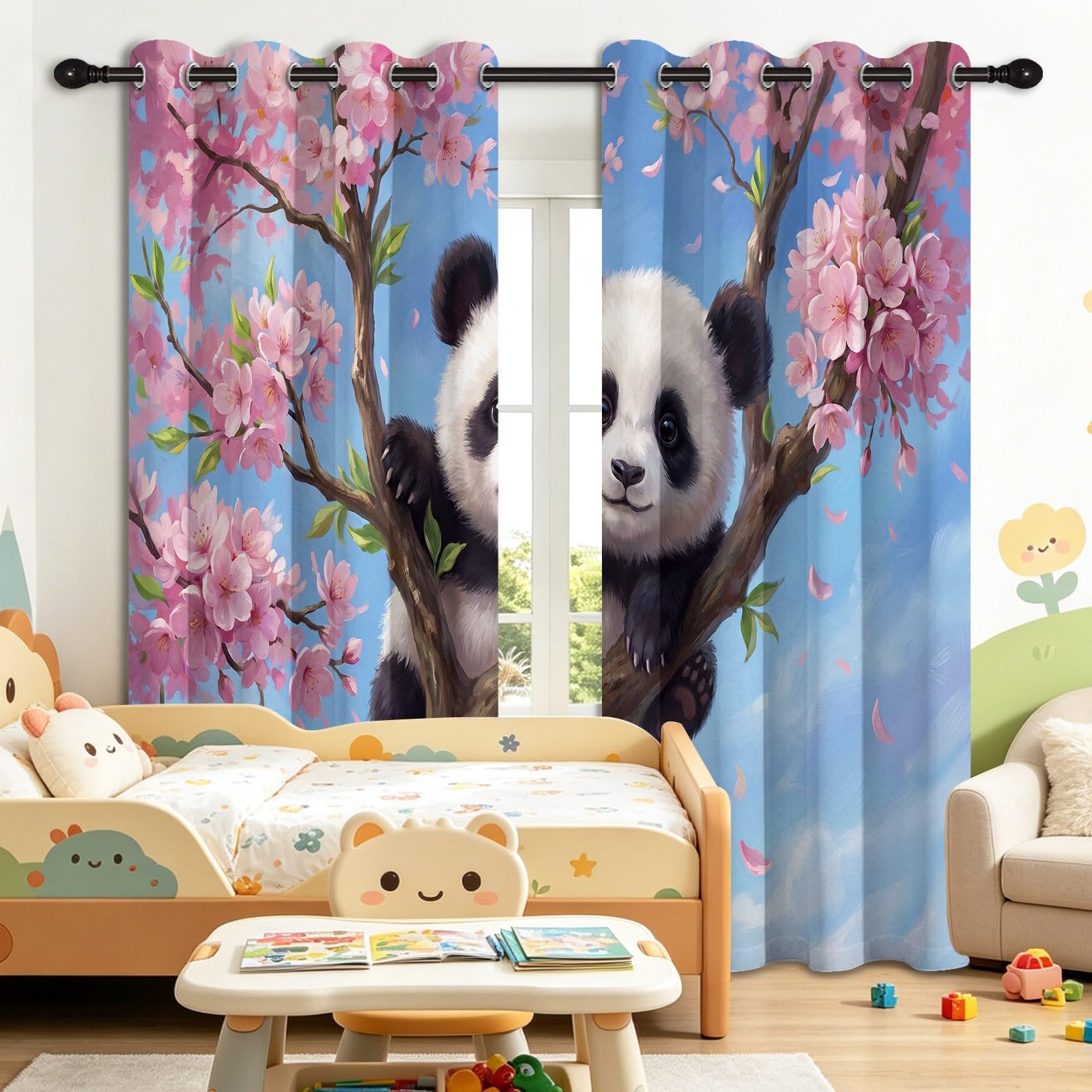 Śliczne kreskówkowe zasłony zaciemniające 117 l x 230 cm Zestaw 2 zasłon zaciemniających Panda, wiśnia, błękitne niebo, nieprzejrzysta zasłona z oczkami, do salonu i sypialni