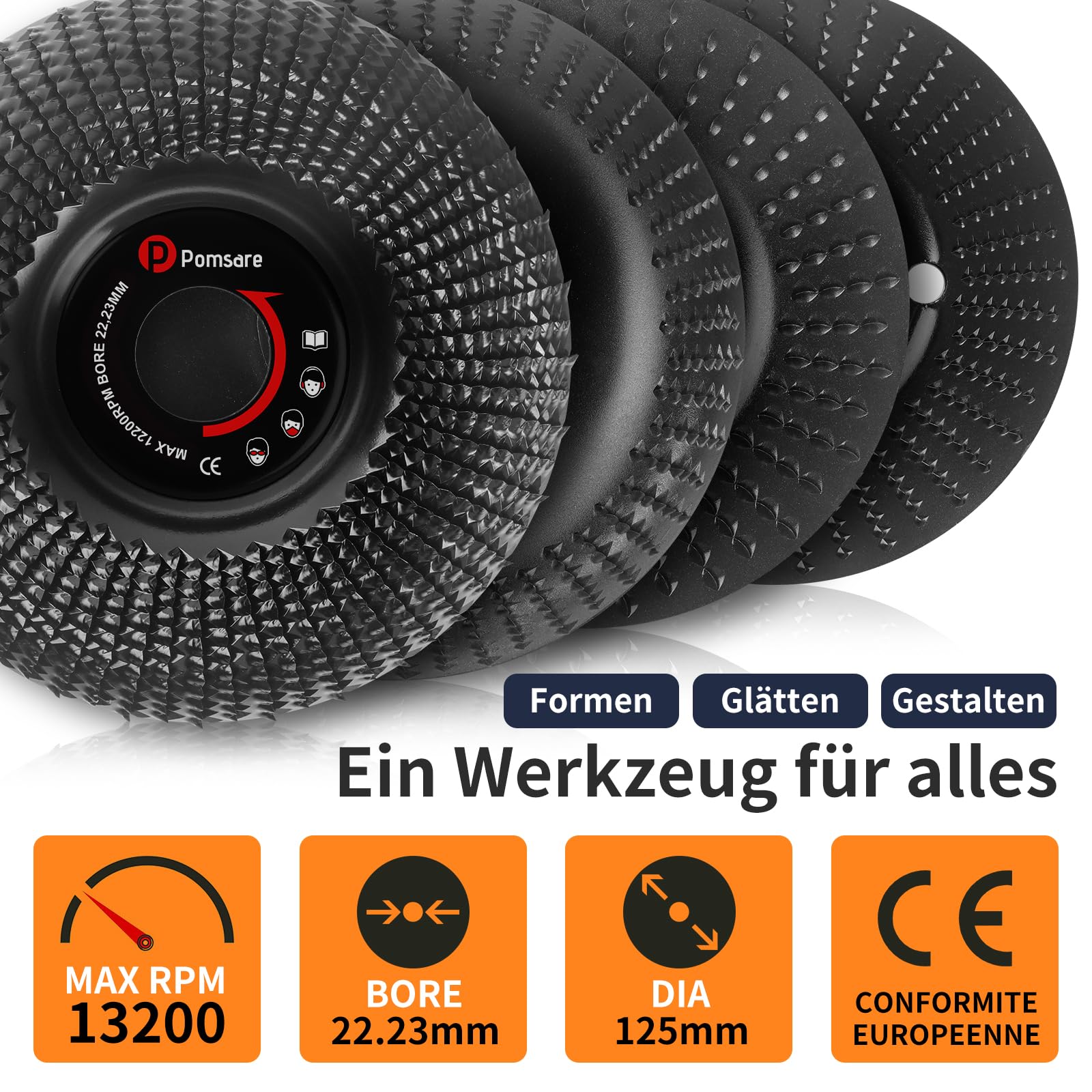 Pomsare Holz Schleifscheiben 125mm für Winkelschleifer - Raspelscheibe, Holzschnitzscheibe Frässcheibe, Flexscheibe, Baumstumpffräse, Wurzelfräse, Lackfräse - 4 Stück Winkelschleifer Zubehör