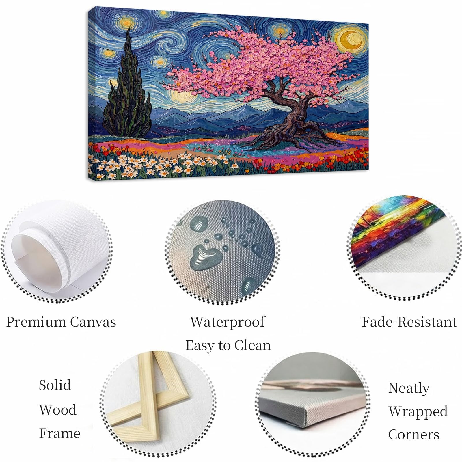 Generisch Lienzo de pared con marco de madera, pintura de flores estéticas, decoración de pared de cielo en flor de cerezo, fácil montaje para sala de estar, dormitorio, hogar, 90 l x 60 cm, azul