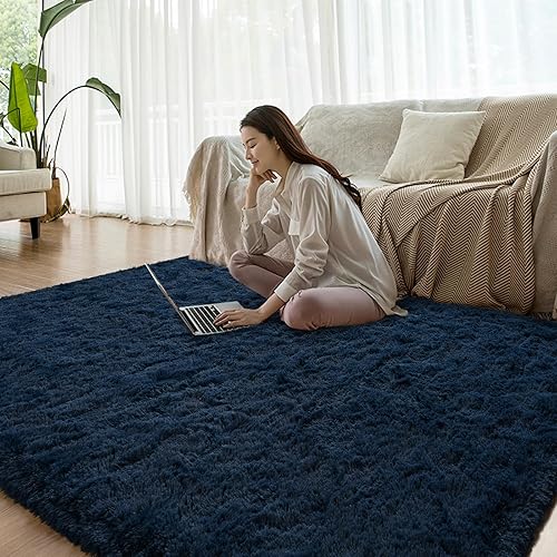 Miniatura 8 de Alfombras de área azul marino esponjosas para dormitorio, sala de estar, alfombras peludas de interior de 5 x 8 pies, alfombra suave de felpa para