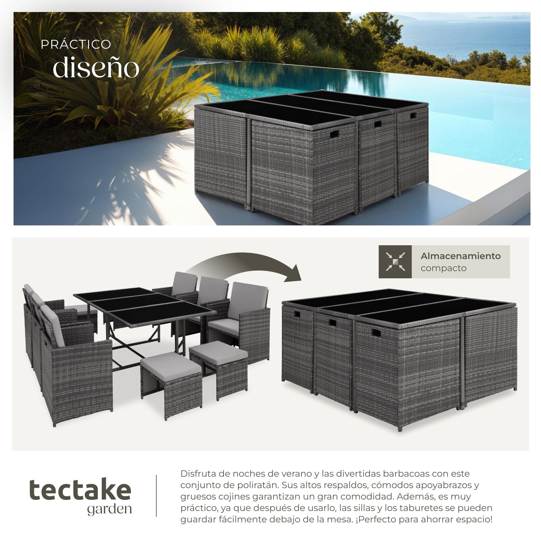 tectake® Conjunto Jardín Exterior de Ratán y Acero, Agrupable en Cubo, Muebles Jardín Exterior Resistente a la Intemperie, para 6-10 Personas, Fundas Extraíbles y Funda Protectora - Gris Claro