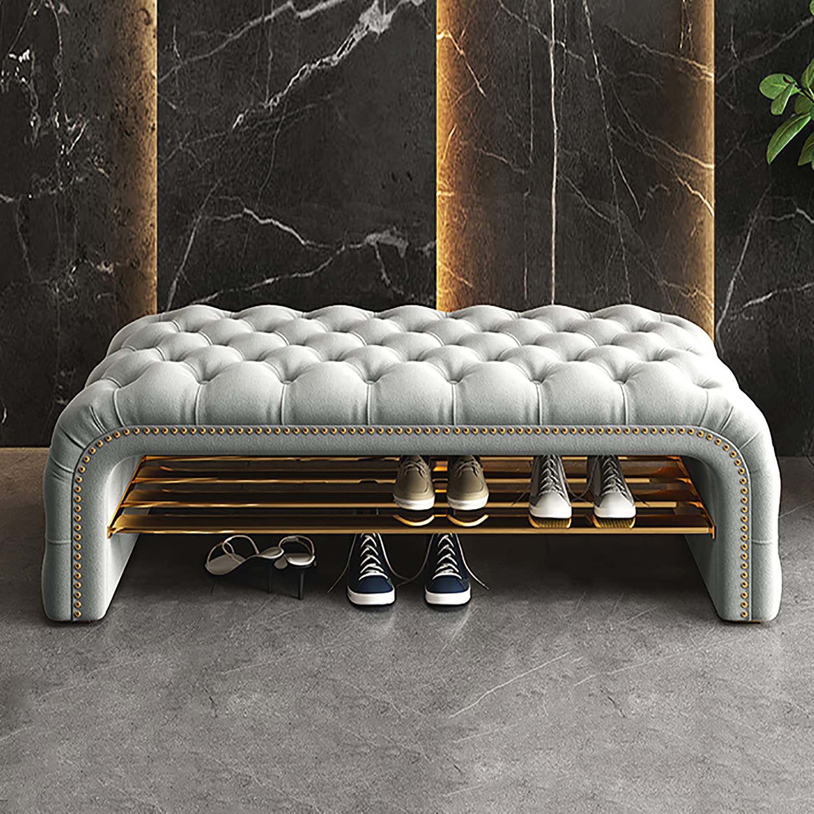 FCXWEVR rious Velvet Shoe Bench Modern Upholstered Entryway Seat with Button Tufting Slish Shoe nizer and Sto Comfortable Footrest for Home Décor.