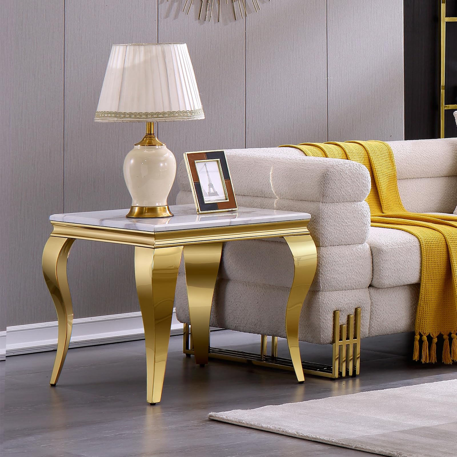 Anewsun Gold End Table, Modern Square Living Room End Table with Mirrored Stainless Steel Cabriole Legs