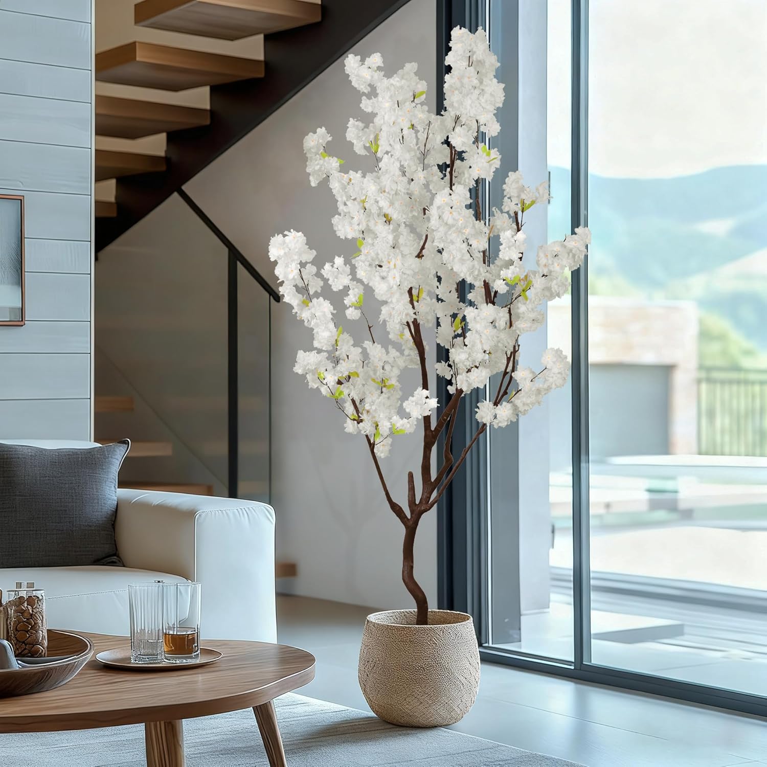 faux white cherry blossom tree 7ft(84in) artificial silk white flower tree lifelike large fake floral tree for wedding realistic elegant cherry sakura plant in pot for home,living room,office decor cherry blossom(white 6) 7ft