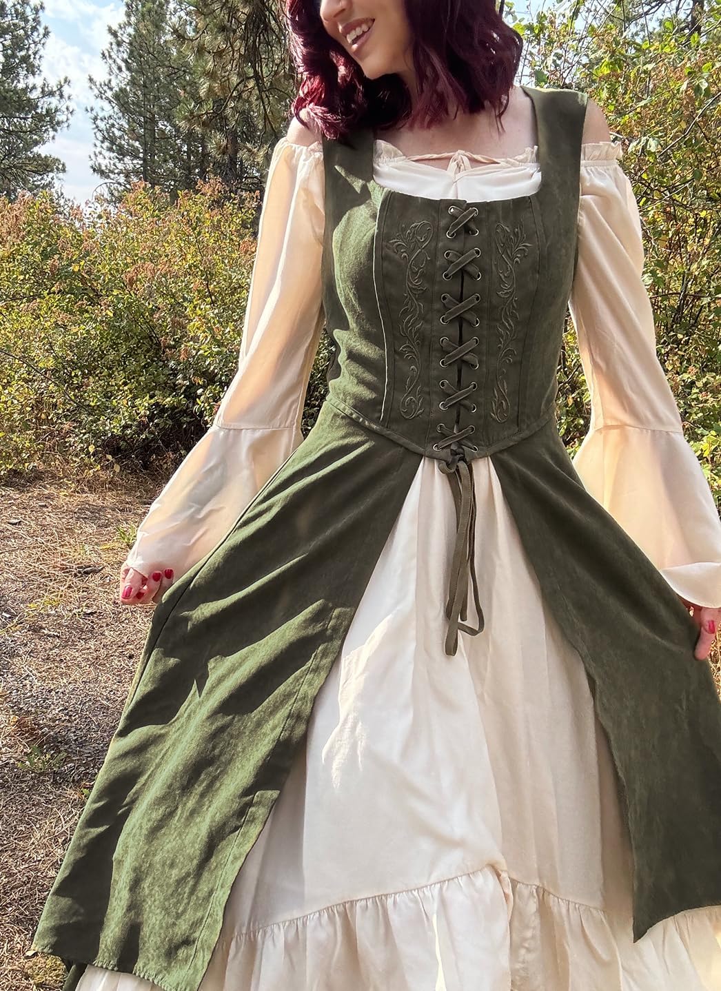 Scarlet Darkness Renaissance Dress Women Pirate Halloween Witchy Cosplay Overdress with Pockets