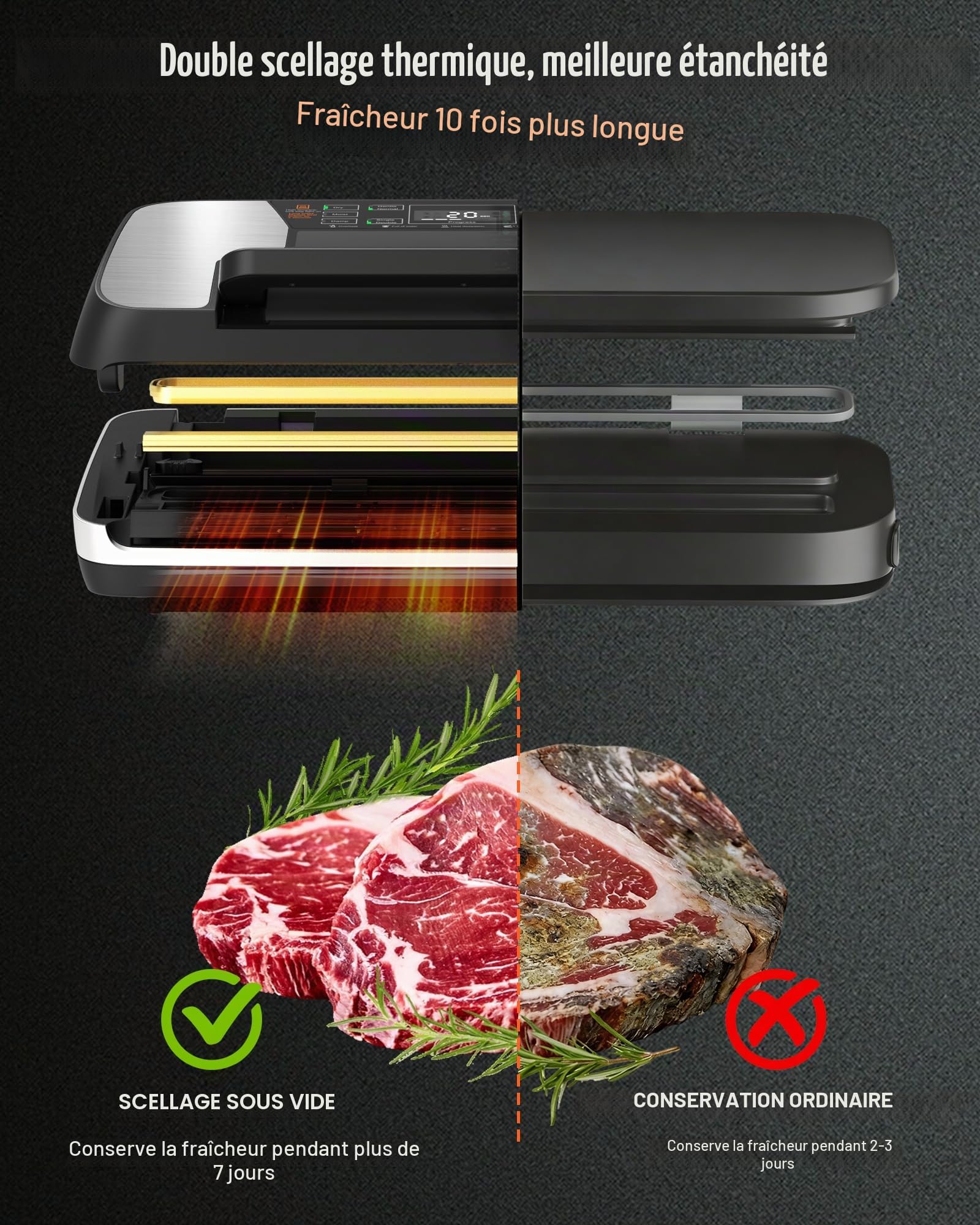 Machine Sous Vide Alimentaire 95 kPa, Appareil de Mise Sous Vide 12-en-1 avec Double Soudure, Système Easy-Lock, Coupe-Film Intégré et Bac Amovible pour une Conservation Longue Durée