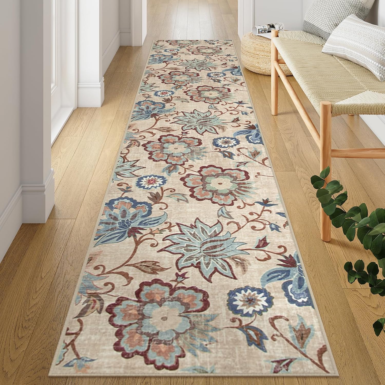 Beeiva Floral Kitchen Runner Rug Washable, 2.5x10 Vintage Runner Rug Ultra Thin Kitchen Rugs Non Slip, Paisley Foldable Beige Rug Stair Runner Carpet for Laundry Room Entryway