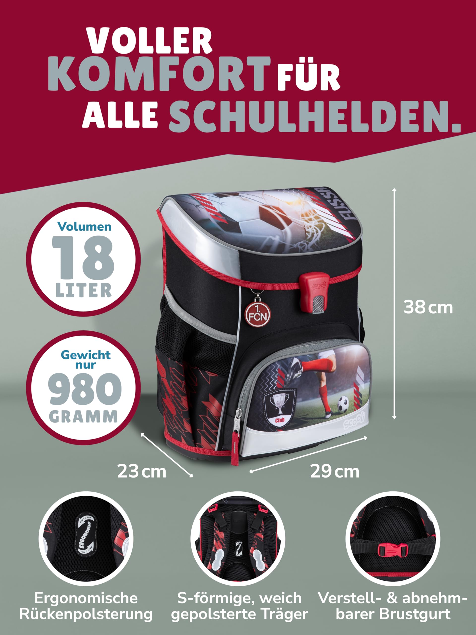 Familando - Scooli Campus Fit Schulranzen Set - 9-teilig mit Sporttasche - 1. FC Nürnberg (1. FCN) - Für Fußball Fans - Ergonomisch & 980g leicht - 18L Volumen - Brustgurt & Reflektoren - ab 1. Klasse