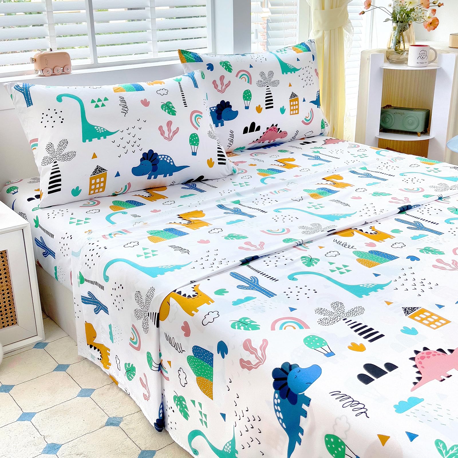 Full Sheet Set Kids - Dinosaur 4 Pieces Soft Microfiber Cartoon Style Bedsheets for Boys Girls Teens, Oeko TEX Breathable 15 Inch Deep Pocket Sheets(Jurassic Period)