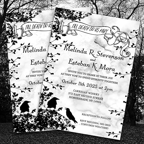 Miniatura 2 de Juego de 15 invitaciones góticas de boda en blanco y negro, juego de 15 tarjetas de fiesta de Halloween con rama de árbol de cuervo, invitaciones