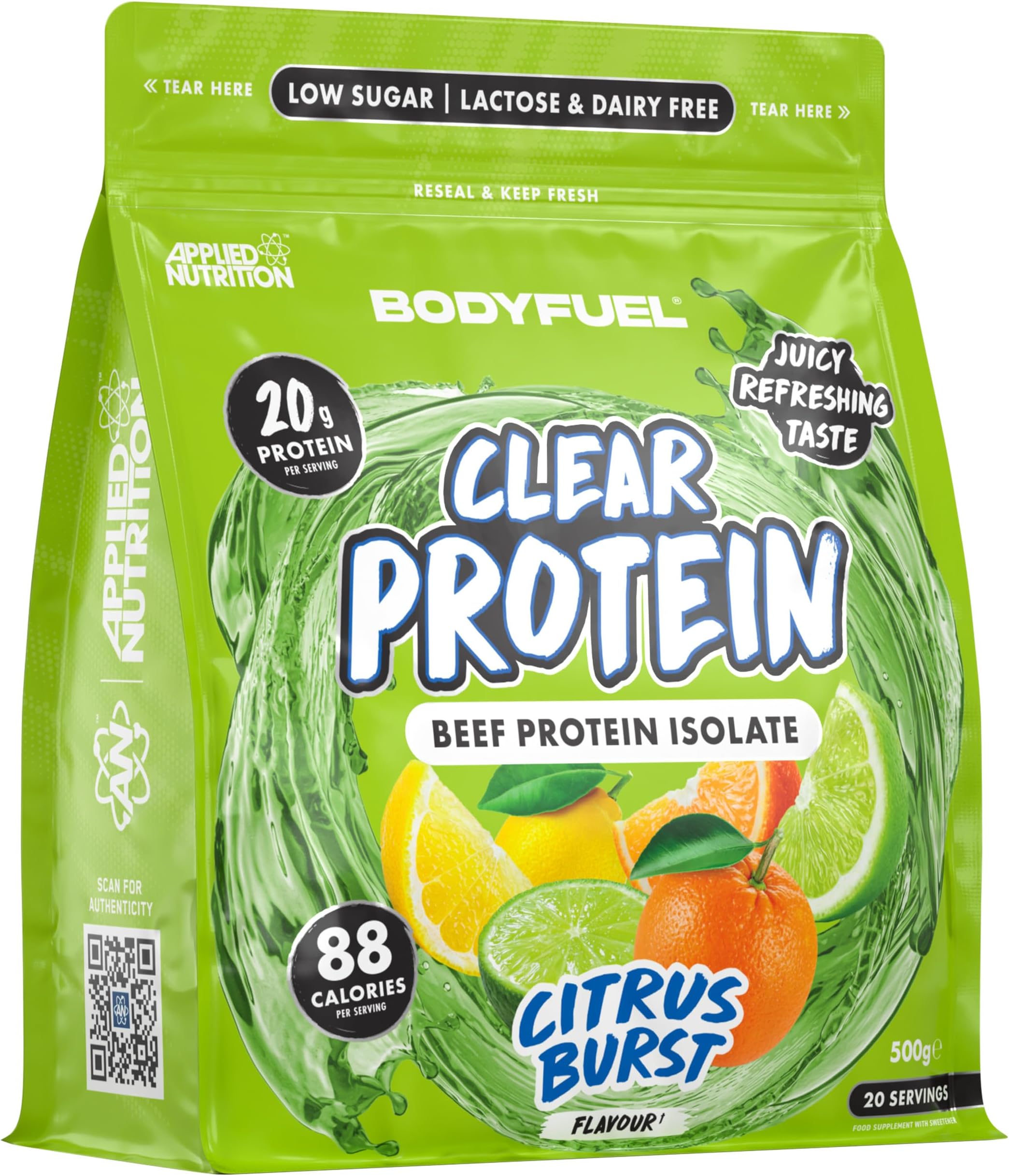 BodyFuel Clear Protein - Beef Protein Isolate - Clear & Refreshing - Best Low Sugar & Lactose-Free Protein Supplement - Muscle Support (500g - 20 Servings) (Citrus Burst)