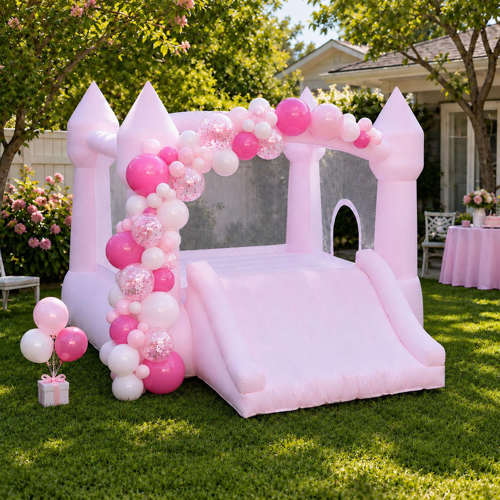 AKSPORT Pink Bounce House for Kids, Inflatable Bounce House with Slide