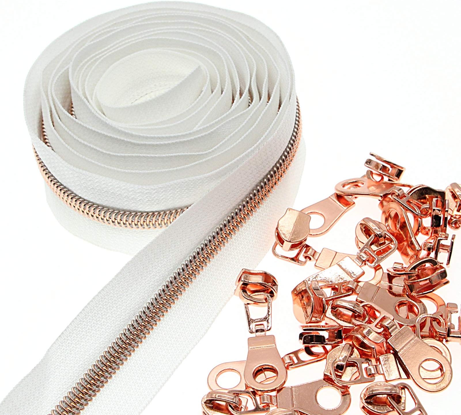 SHUNLI #5 Metallic Nylon Coil Zippers by The Yard,Rose Gold Teeth White Tape,Bulk 10 Yards with 25 PCS Sliders,DIY Zippers Replacement for Tailor Sewing Crafts Bags Purses