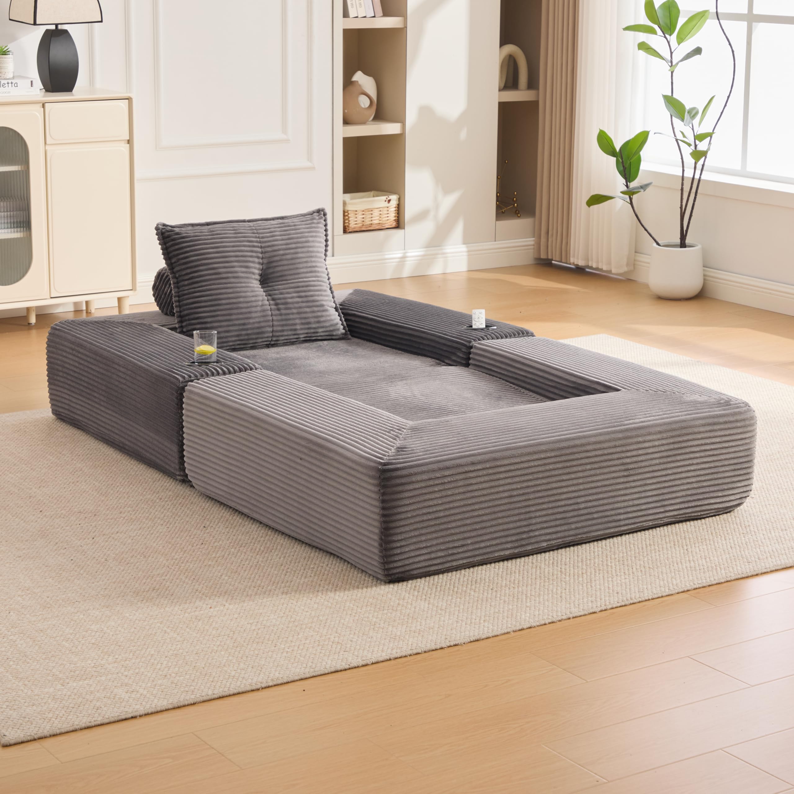 Sofá plegable de pana con espuma de alta densidad y resorte de bolsillo para asiento estable, bolsillo lateral + soporte para tazas, resto del brazo con cremallera, paquete al vacío, fácil montaje