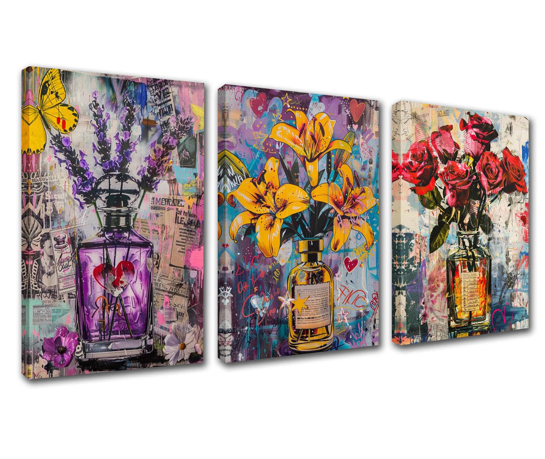 Graffiti Flowers Home Decorations for Living Room Banksy Street Pictures Lavender Rose Lily Flowers in Perfume Vase Paintings 3 Pcs Canvas Art Artwork Framed Gallery-wrapped Ready to Hang 60''Wx28''H — image 1