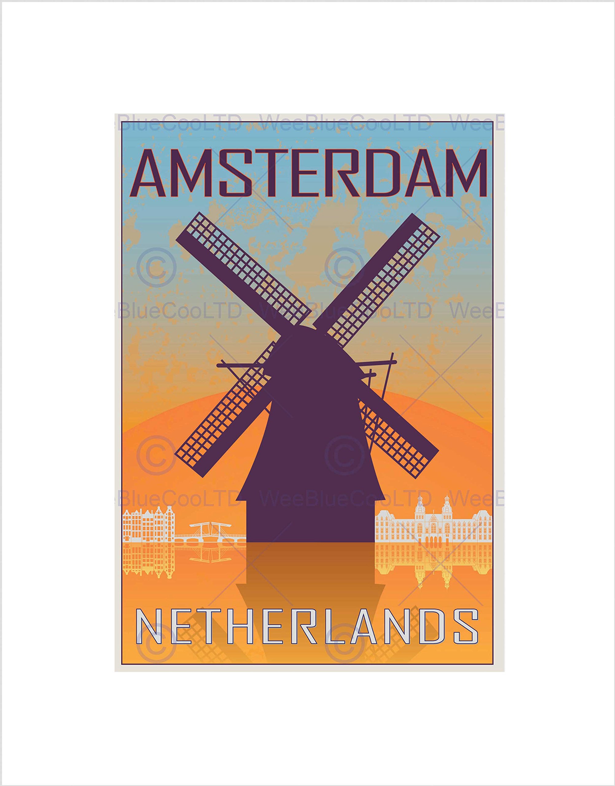 Wee Blue Coo TRAVEL AMSTERDAM NETHERLANDS WINDMILL CITY SAILS FRAMED ART PRINT MOUNT B12X8516