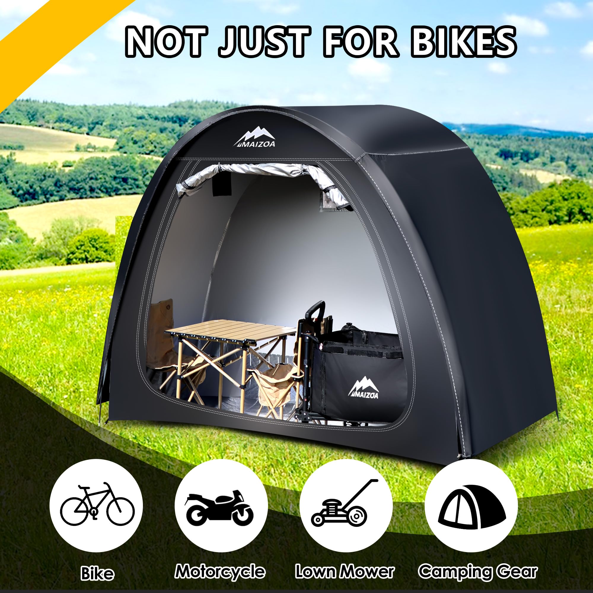 MAIZOA outdoor bike storage tent, with removable waterproof sun protection cover made of 210D Oxford cloth PU 4000mm waterproof fabric for bicycles, motorbikes, gardening tools and other items