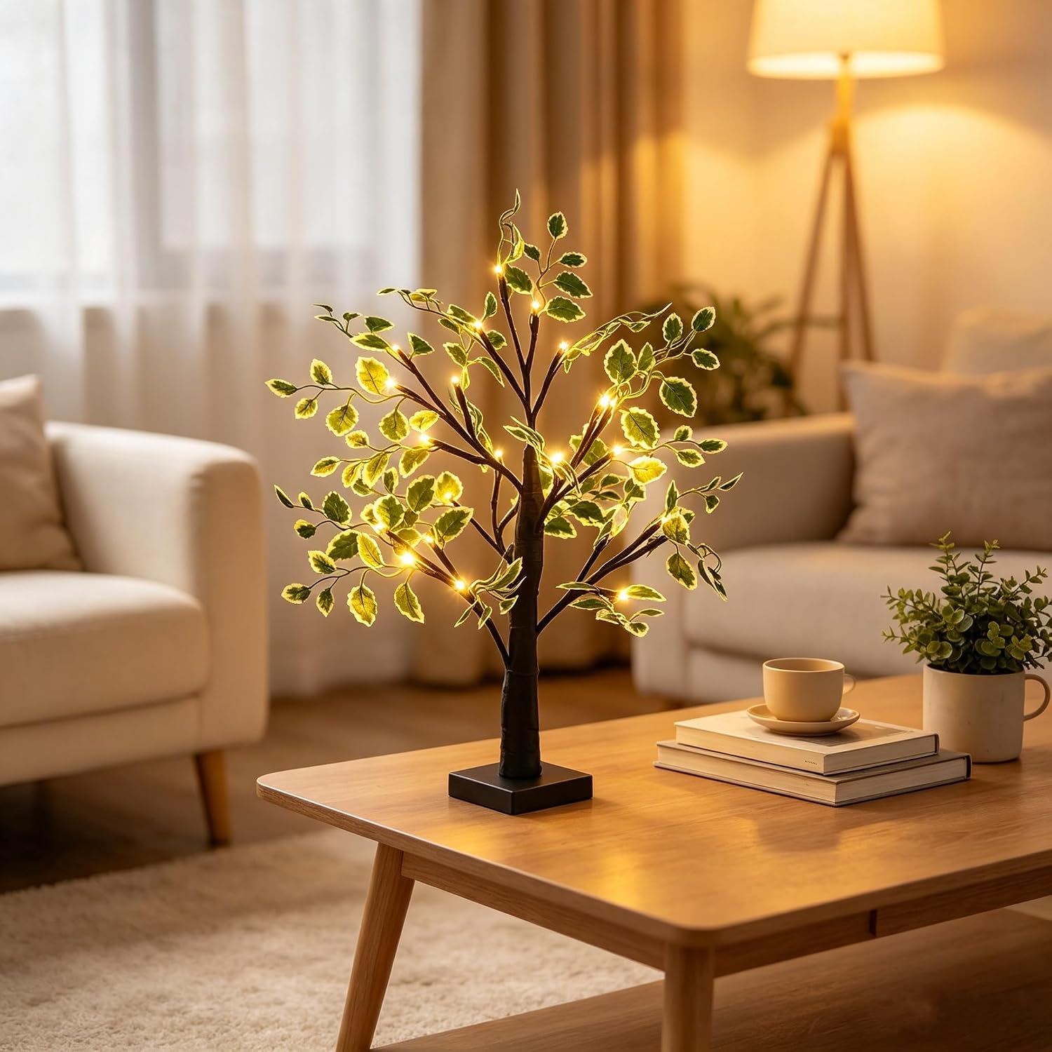 2FT Lighted Birch Tree with Green Leaves