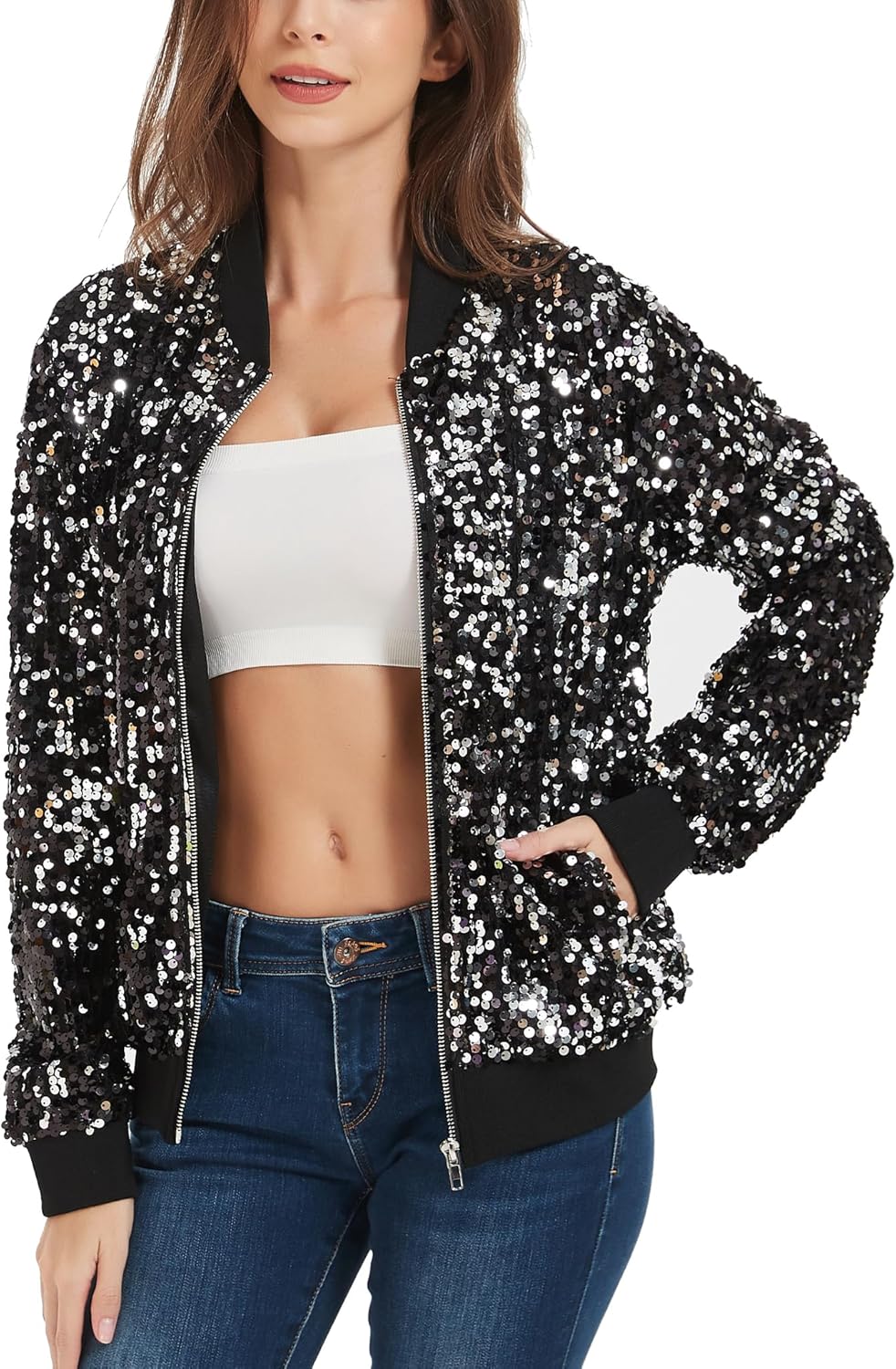 Anna-Kaci Womens Sequin Jacket Sparkle Long Sleeve Front Zip Casual Blazer Bomber Jacket With Pockets - Image 2