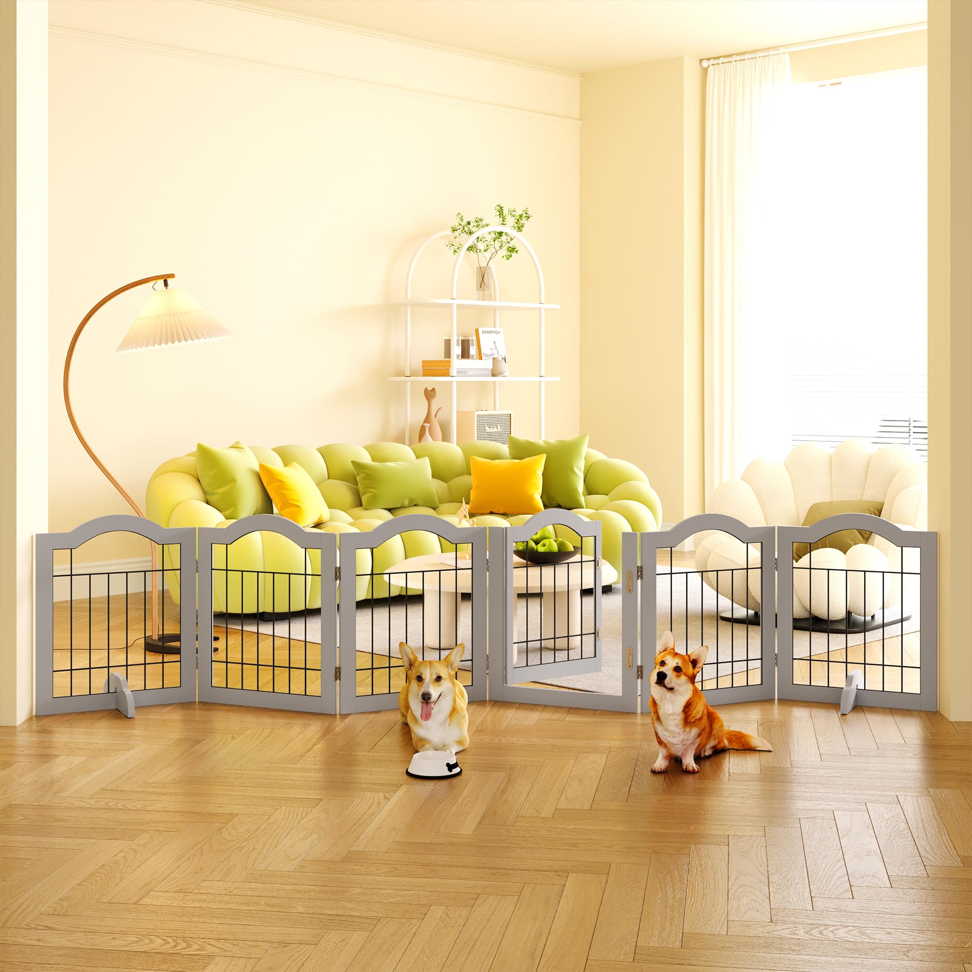 GHQ&ME No-Assembly 120" Extra Wide 24" Tall Freestanding Pet Gate with Door Walk Through, Wooden Folding Dog Gate for Doorways Stairs, Indoor Pet Puppy Fence with 2PCS Support Feet - Gray