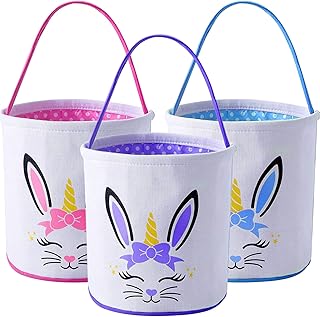 3 Pack Easter Egg Hunt Baskets for Kids, Easter Bunny Basket for Boys Girls for Easter Hunt, Canvas Easter Basket with Handles Easter Gifts Bags Easter Party Favors for Easter Eggs