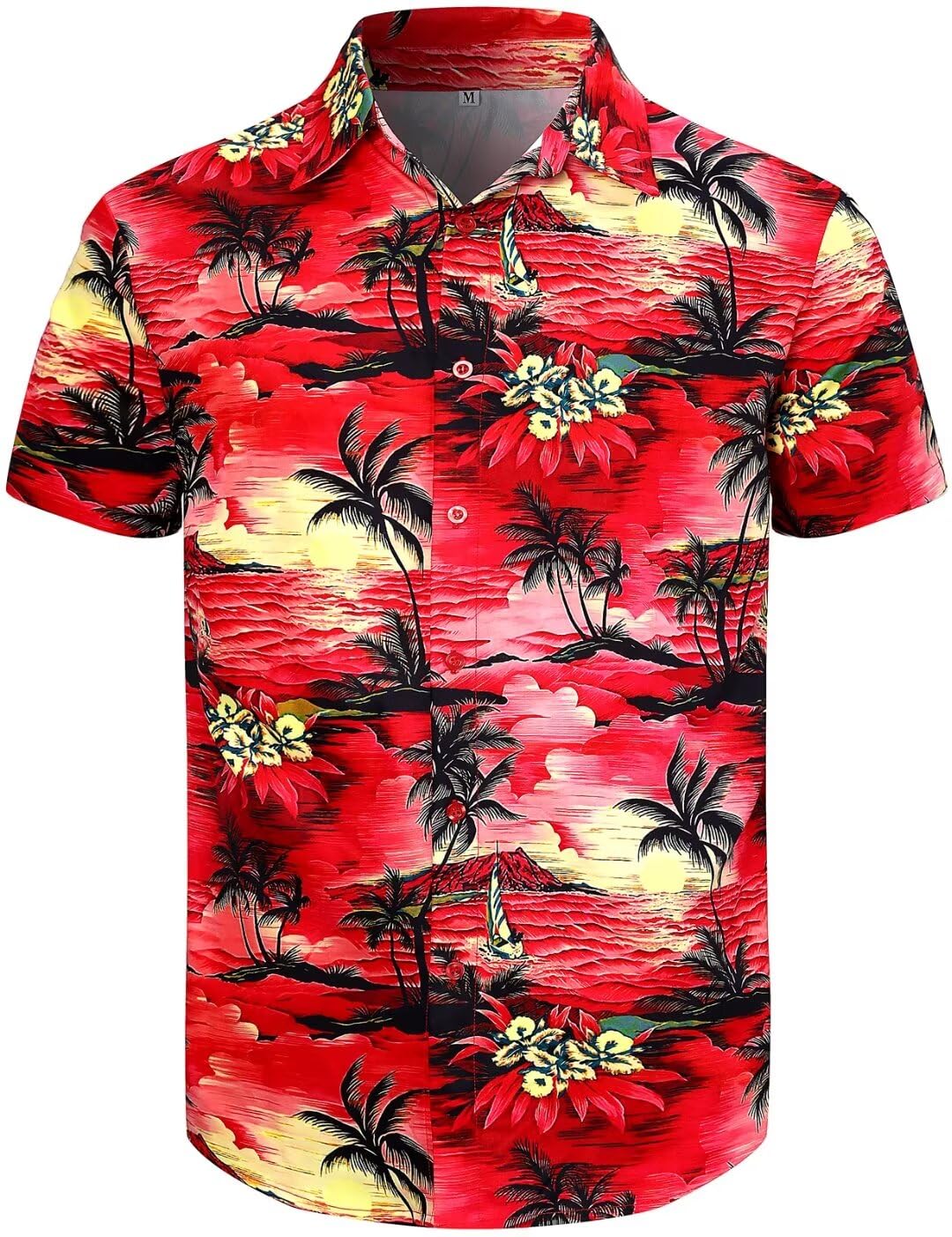 Fashonal Men's Hawaiian Shirt Button Down Tropical Beach Short Sleeve Aloha Shirt, Sunset-design Red, XXL