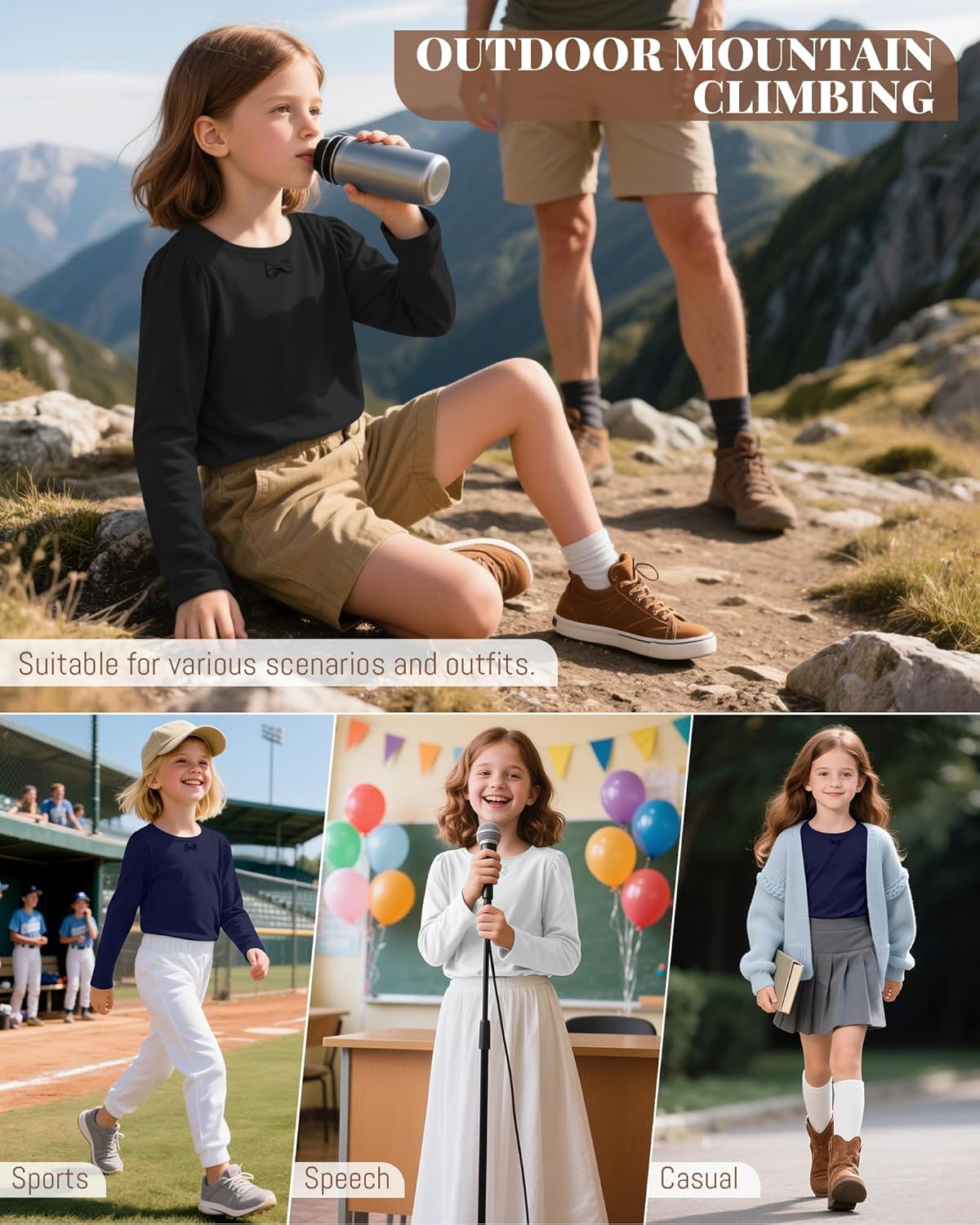 3 Pack Girls Long Sleeve T-Shirts Kids Basic Crew Neck with Bow Soft Layering Tops for Teen Girls, 5-14 Years - Image 2