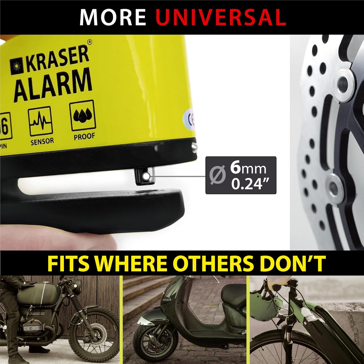 KRASER WA6Y Alarm Disc Lock, Reinforced Disc Brake Lock with 3 keys (others 2), Heavy Duty Anti-Theft Motorcycle Lock with Alarm,110dB, Weather-Resistant, Reminder Cable, Pouch, Motorbike Moped E-Bike