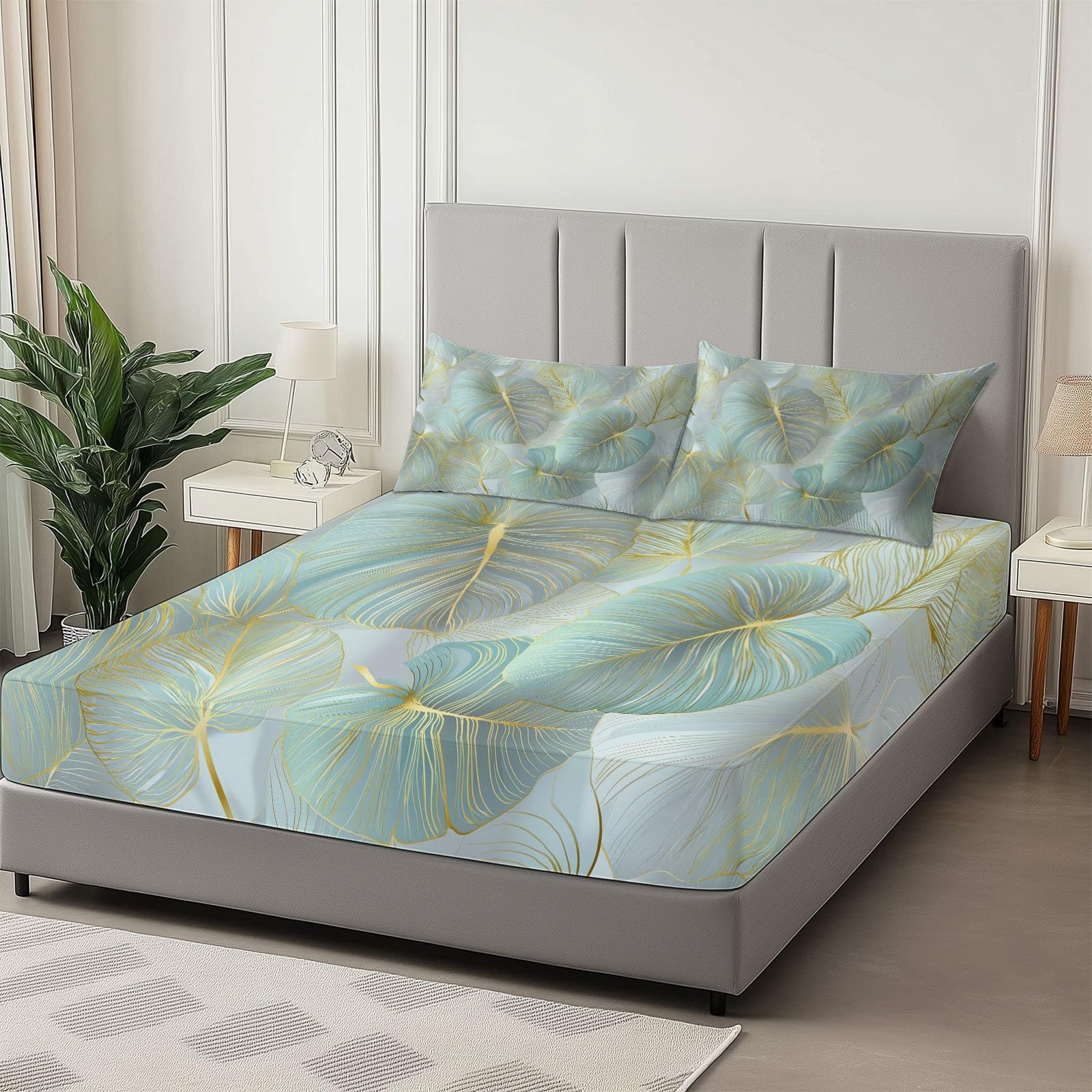 Sábana bajera de microfibra suave, 180 x 200 cm, hojas de Monstera Aux Luxueuses Línes Doradas, funda de colchón transpirable, antideslizante, con 2 fundas de almohada, gran gorro de 30 cm, color