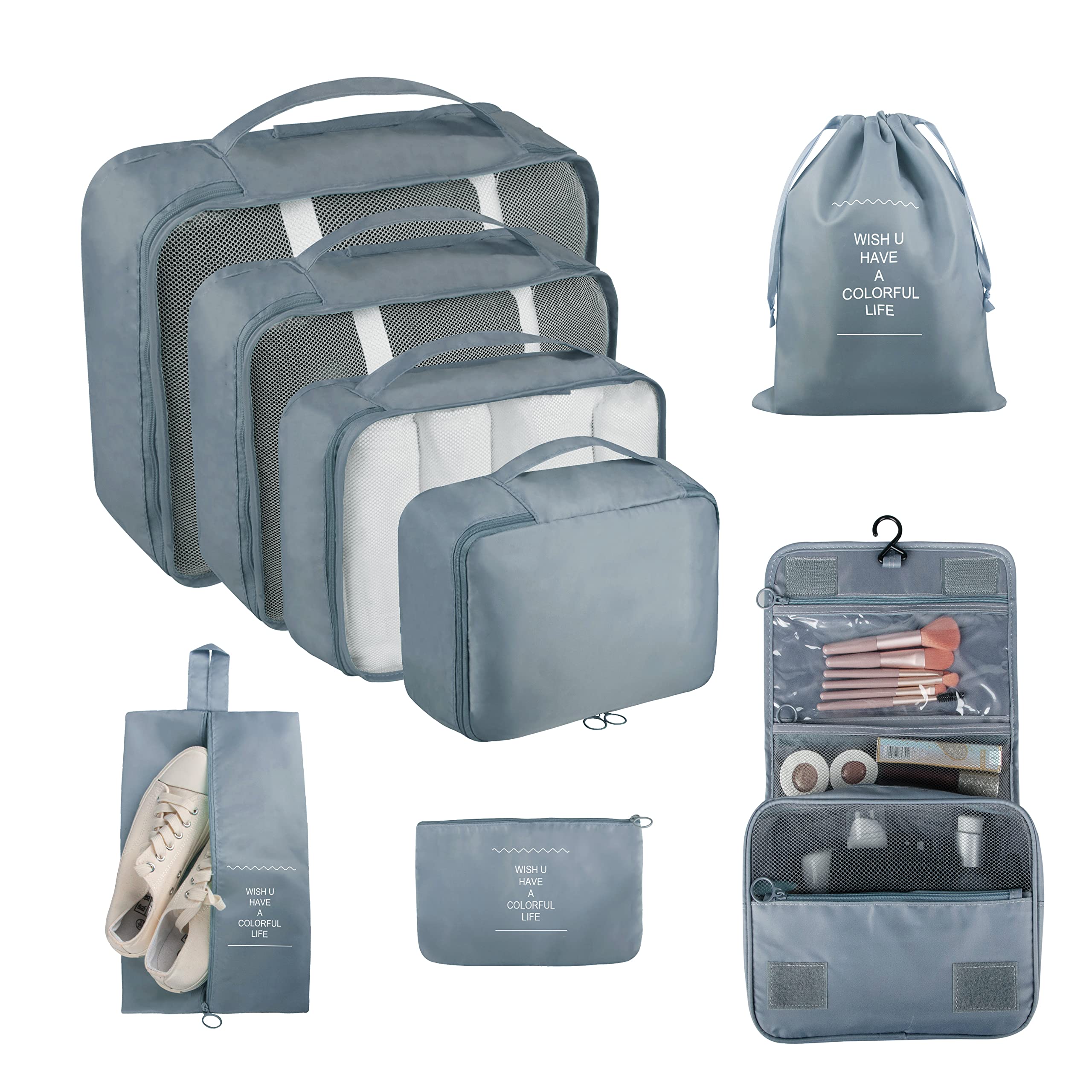 ebbniur packing cubes, 8 pcs travel packing organizers for suitcases, large capacity travel luggage organizers set includes 8 storage bags, travel essentials for women or men (grey)