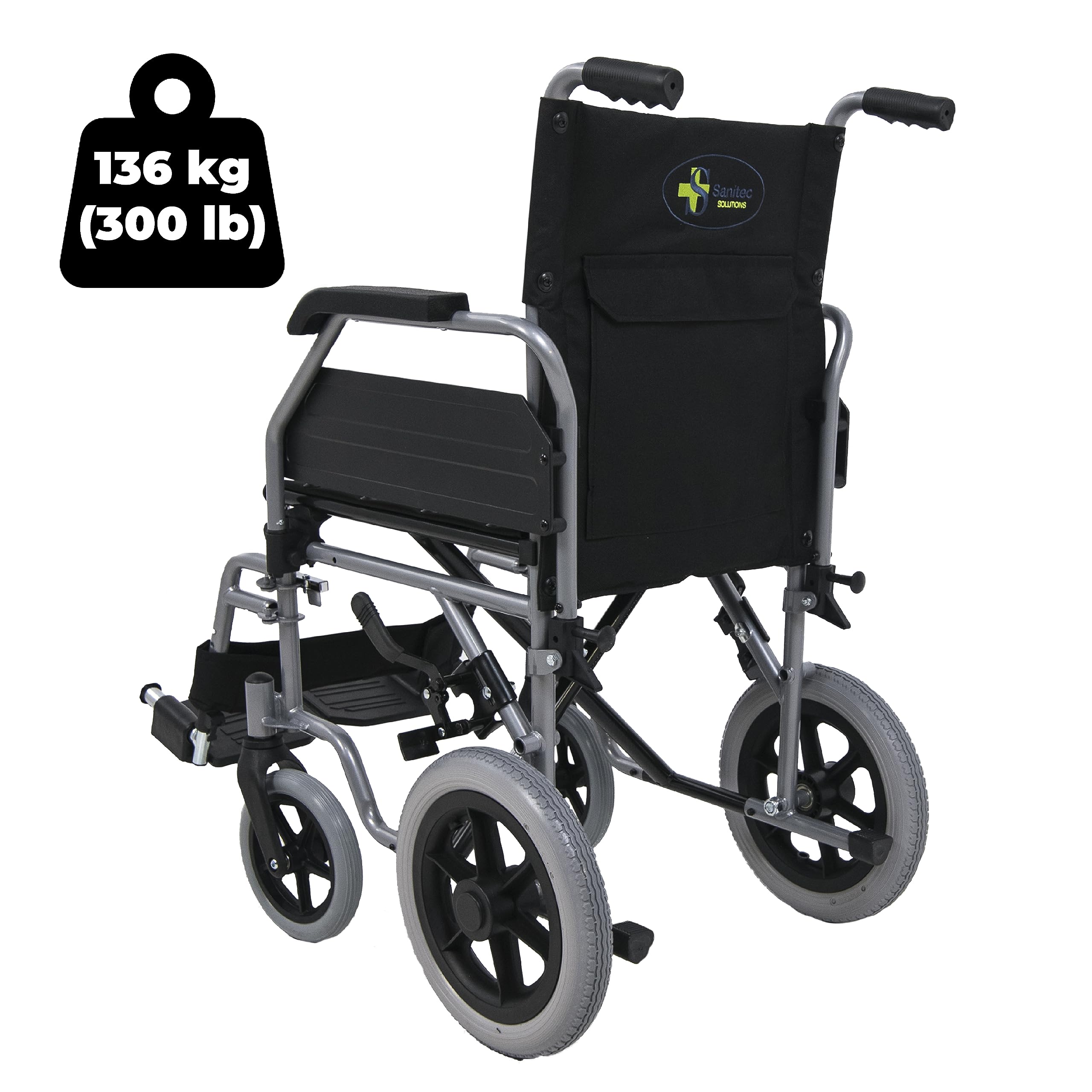 SANITEC - Silla de Ruedas de Acero Ligero para Minusválidos, Plegable, Resistente, 136 Kg, Freno manual, Reposapiés y Reposabrazos abatibles y extraíbles. Ortopedia y Ayudas Técnicas