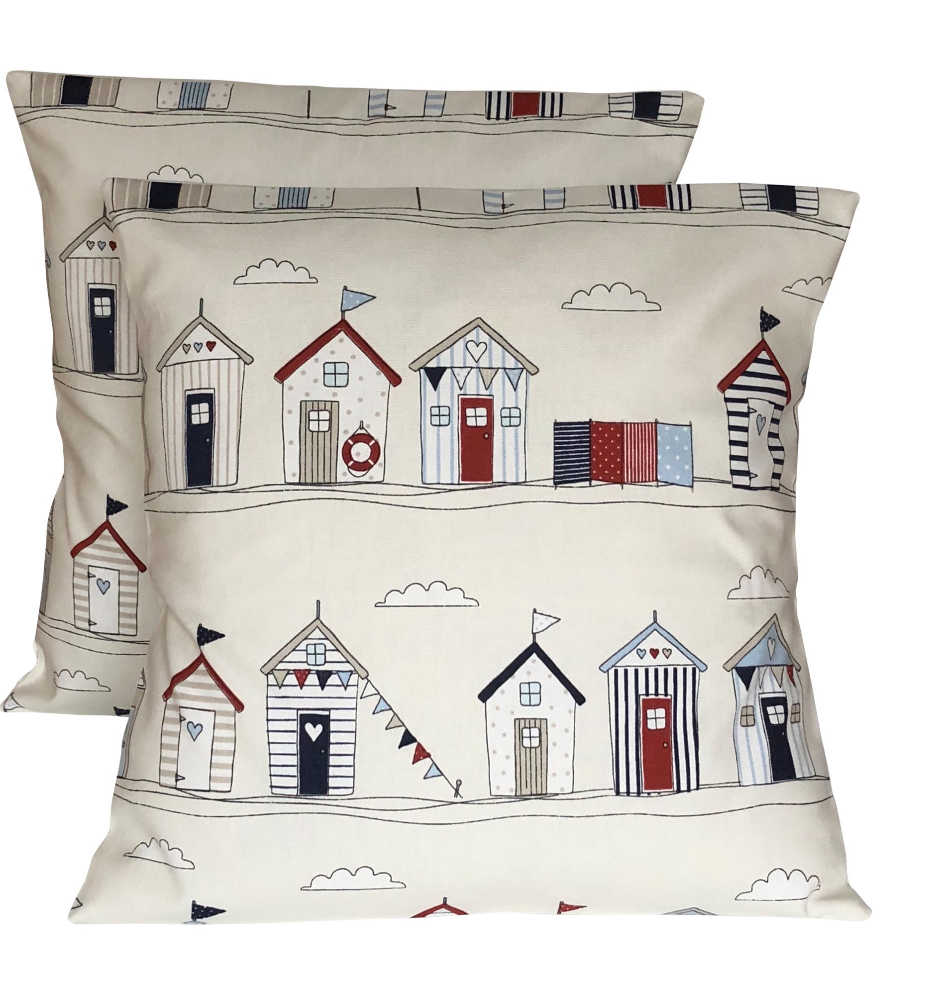 2 x 16" x 16” (40cm x 40cm) Pack Of Two Fryetts Beach Hut Red Cream Blue Cushion Covers